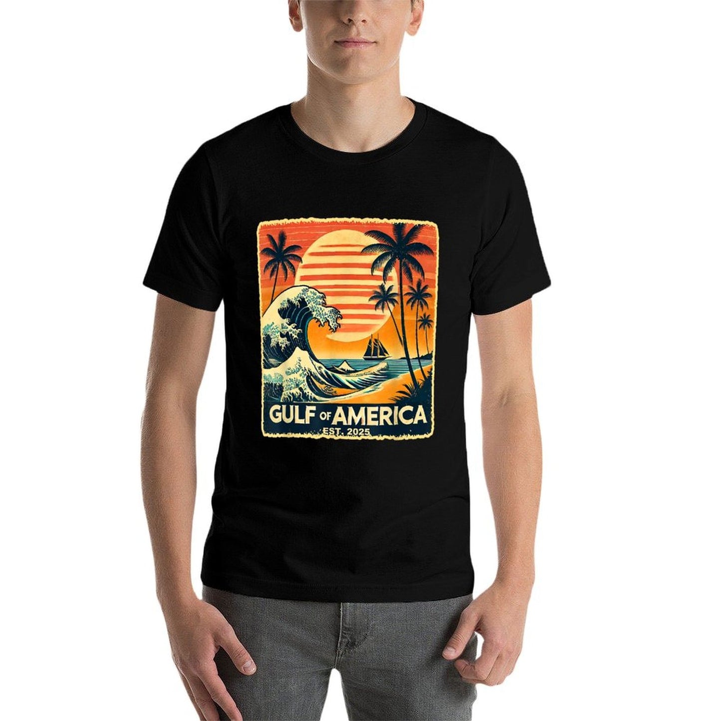 Retro Gulf Of USA America Est 2025 American Flag July 4th Heathered Texture T-Shirt