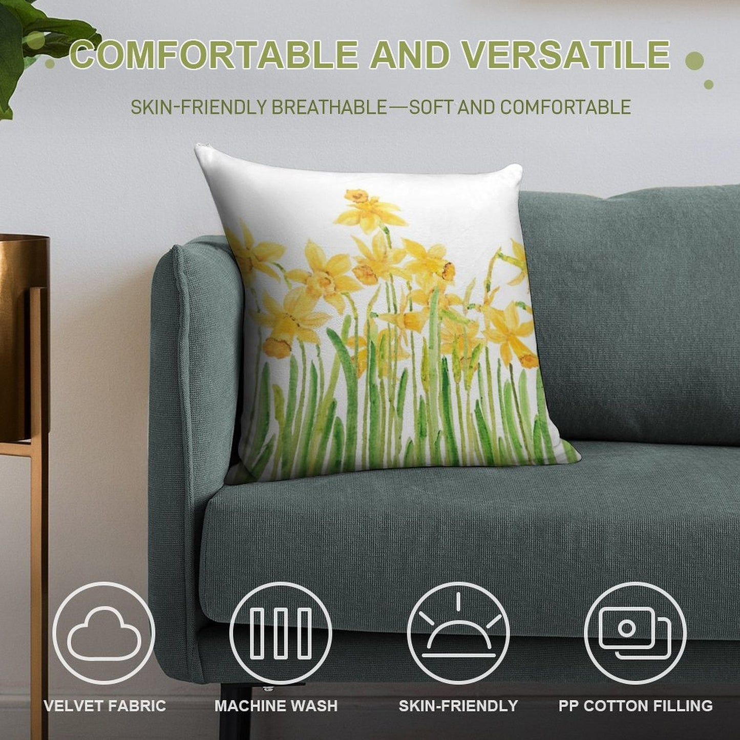 Hand Painted Yellow Daffodils Field Watercolor Soft Shrink-Resistant Throw Pillow