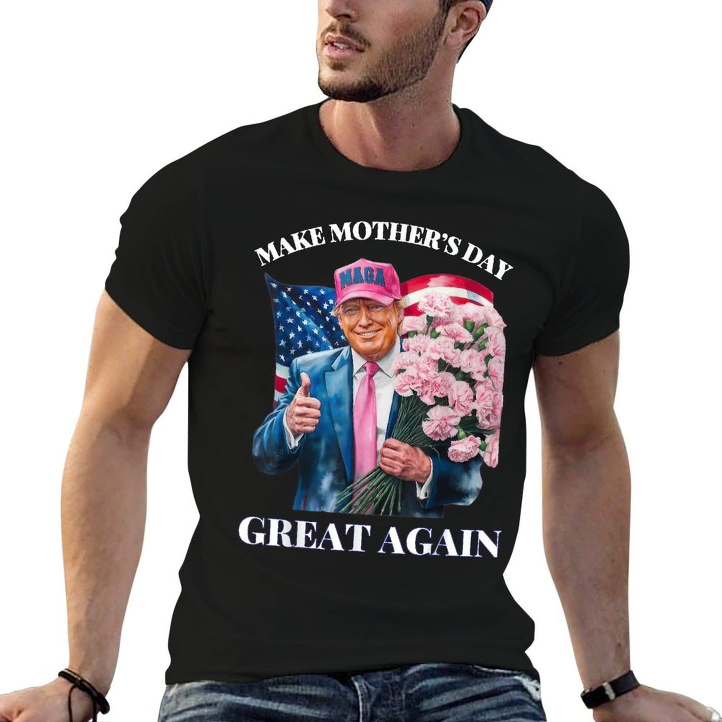 Funny Trump Make Mother's Day Great Again Flower USA Ribbed Collar T-Shirt