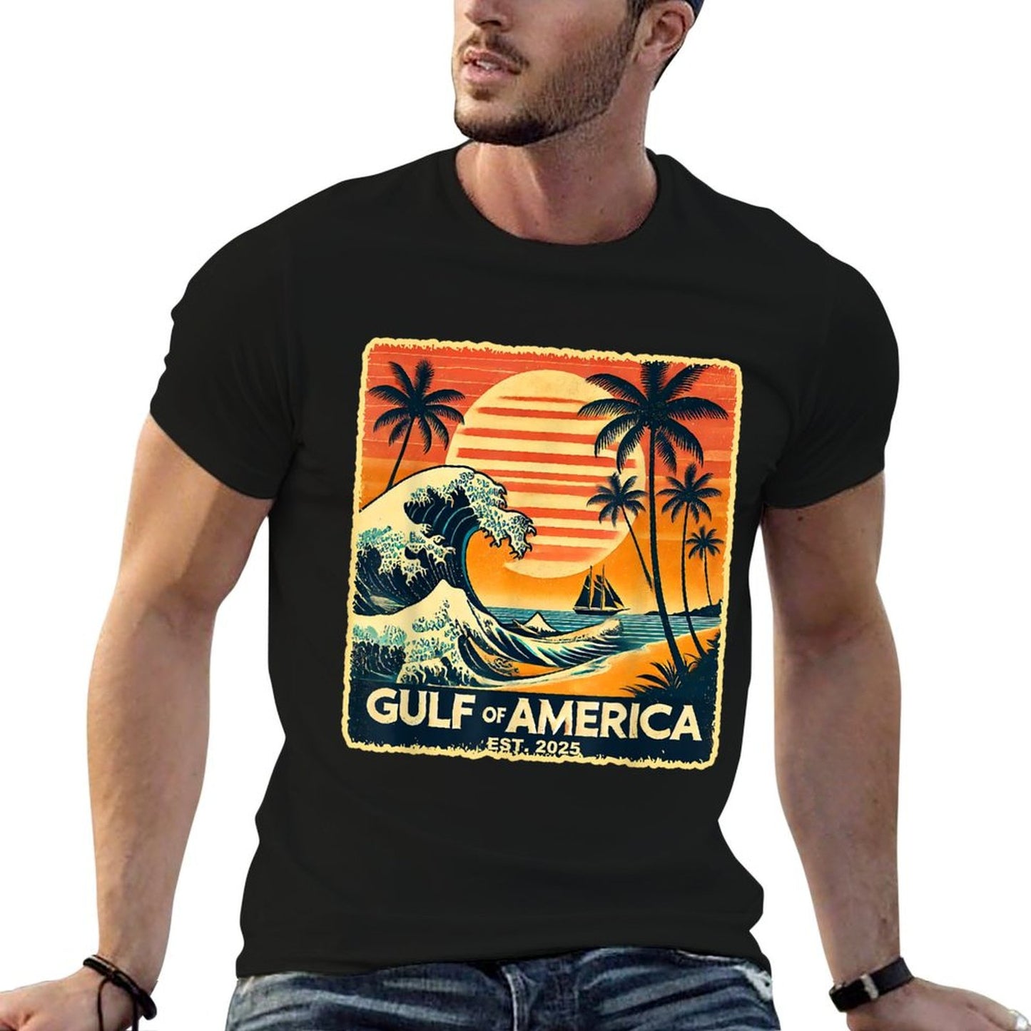 Retro Gulf Of USA America Est 2025 American Flag July 4th Heathered Texture T-Shirt