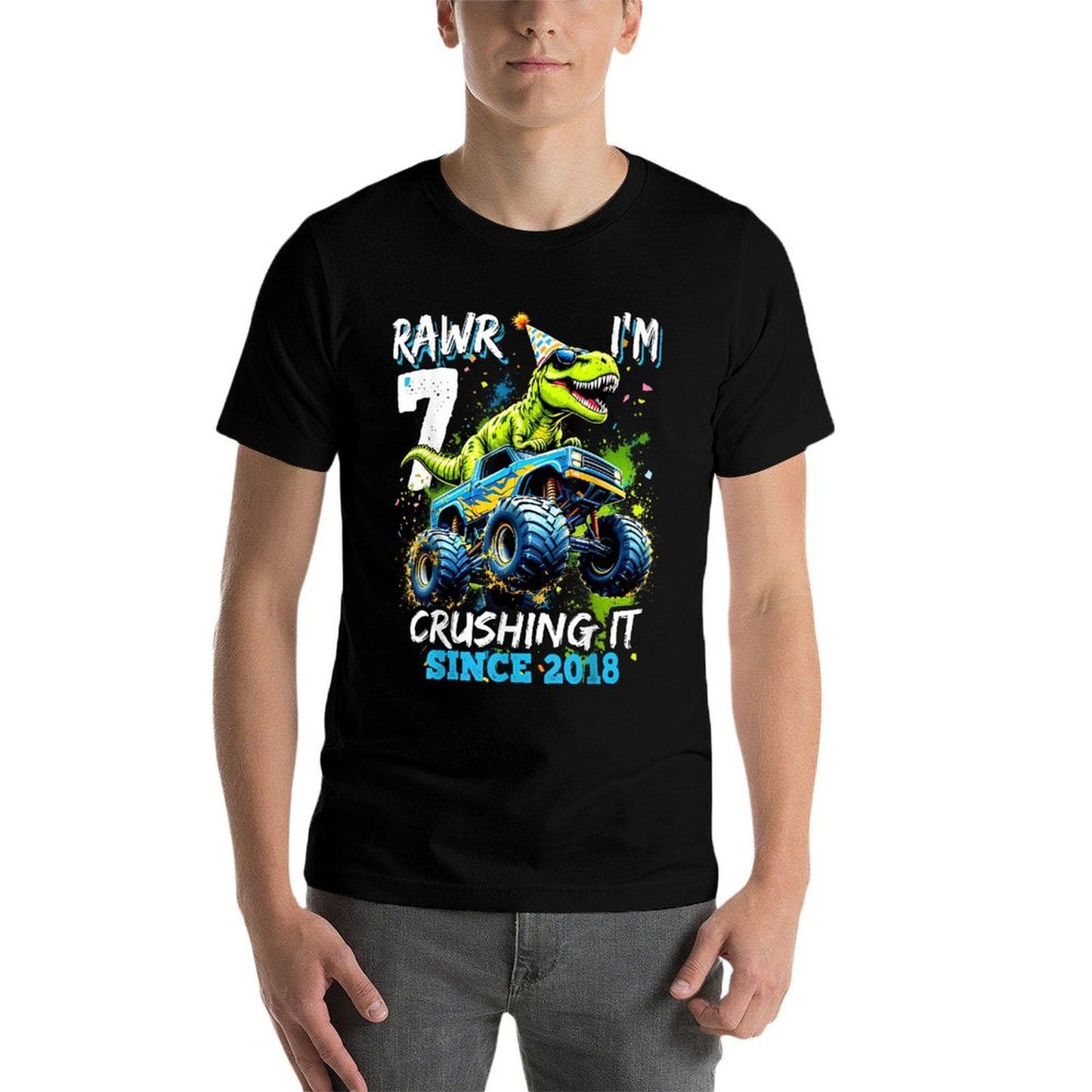 7th Birthday Monster Truck Dinosaur Party Boys Rawr I'm 7 Versatile T-Shirt