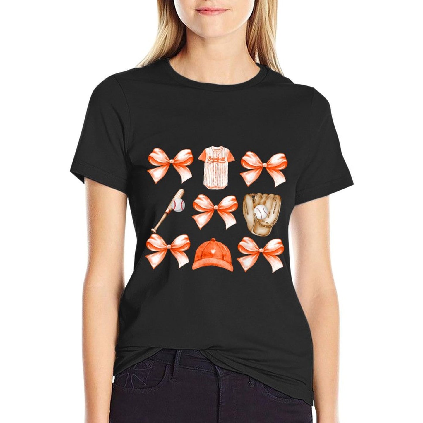 Baseball Game Day Orange Coquette Bow Baseball Mom Retro Rolled Sleeves T-Shirt