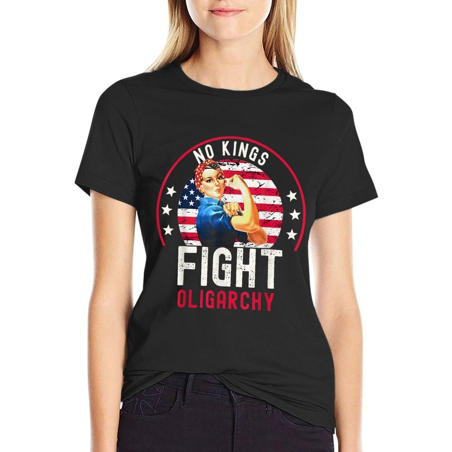Vintage No Kings Fight Oligarchy Woman's Girl America Slim-fit Cut T-Shirt