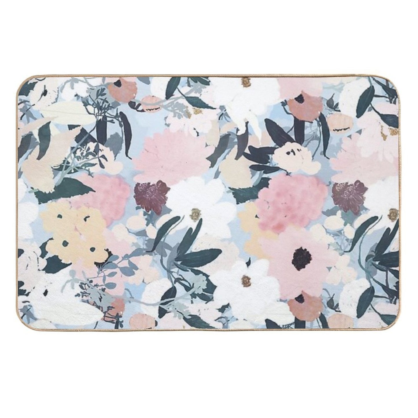 Pink White Floral Watercolor Blue Design Fade-Resistant Bath Mat