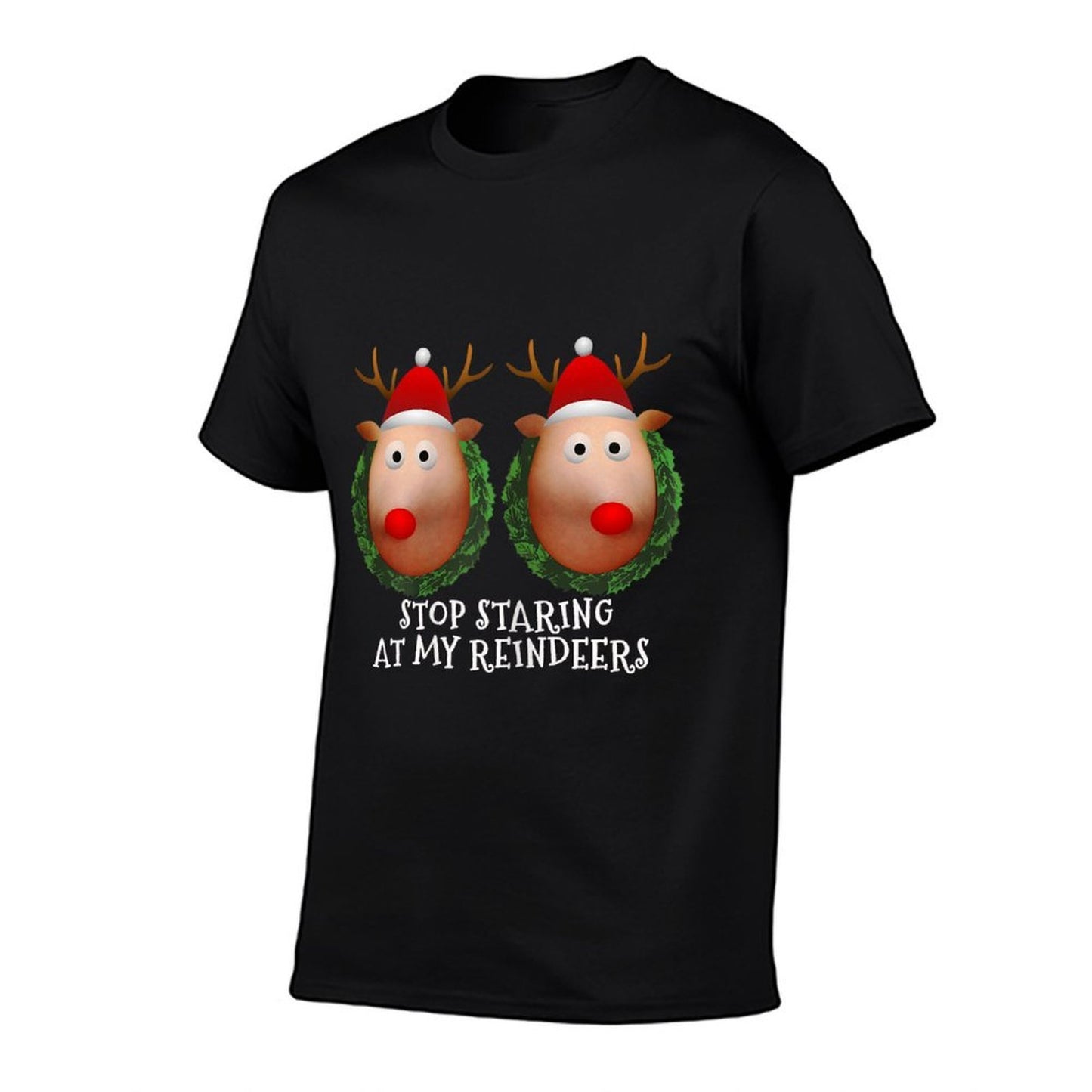 Womens Stop Staring at My Reindeers Boobs Ugly Gag Xmas Sweater Polyester Blend T-Shirt