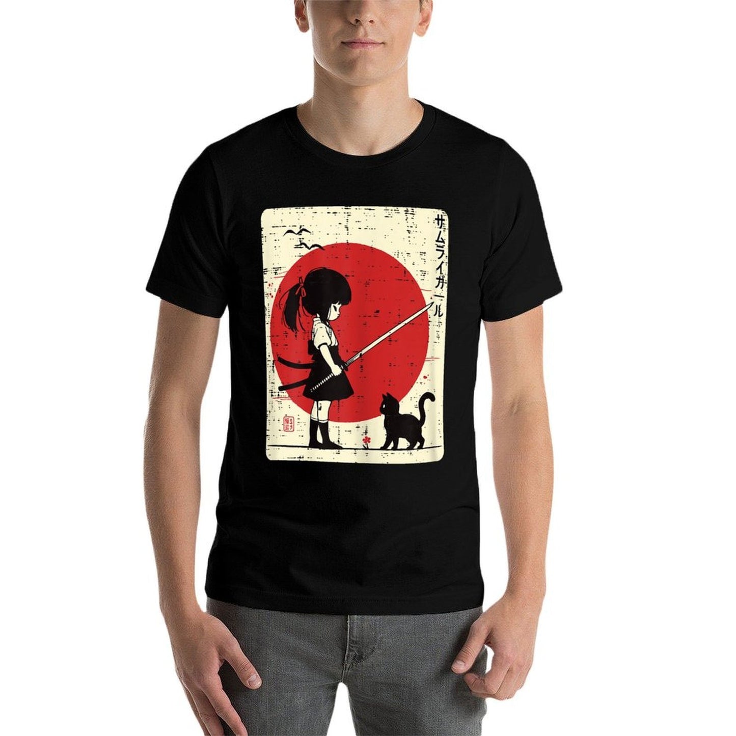 Japanese Samurai Girl Black Cat Kawaii Anime Girls Kid Women Wrinkle-resistant T-Shirt