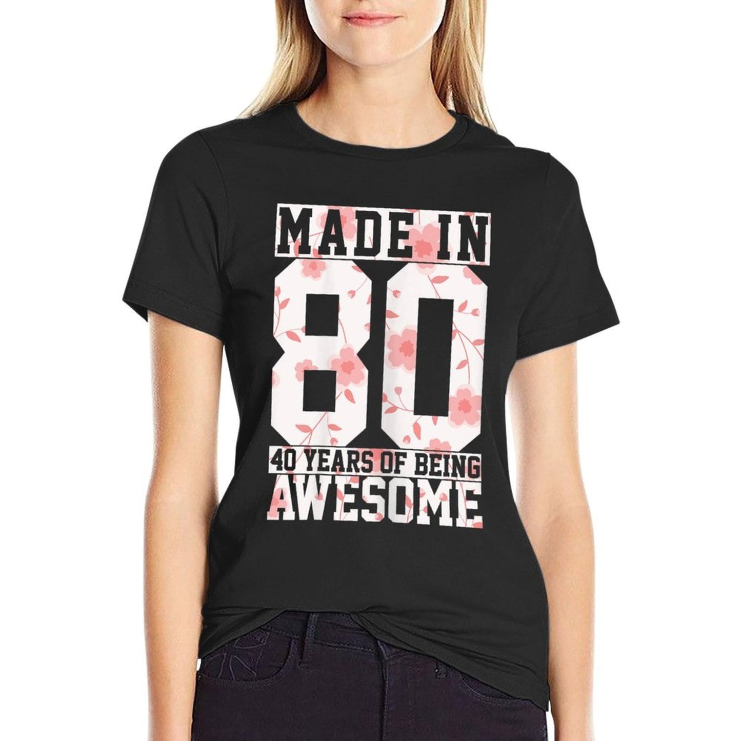 Womens Made In 1980 40th Birthday Gift Vintage Floral Funny 40 Year Polyester Blend T-Shirt