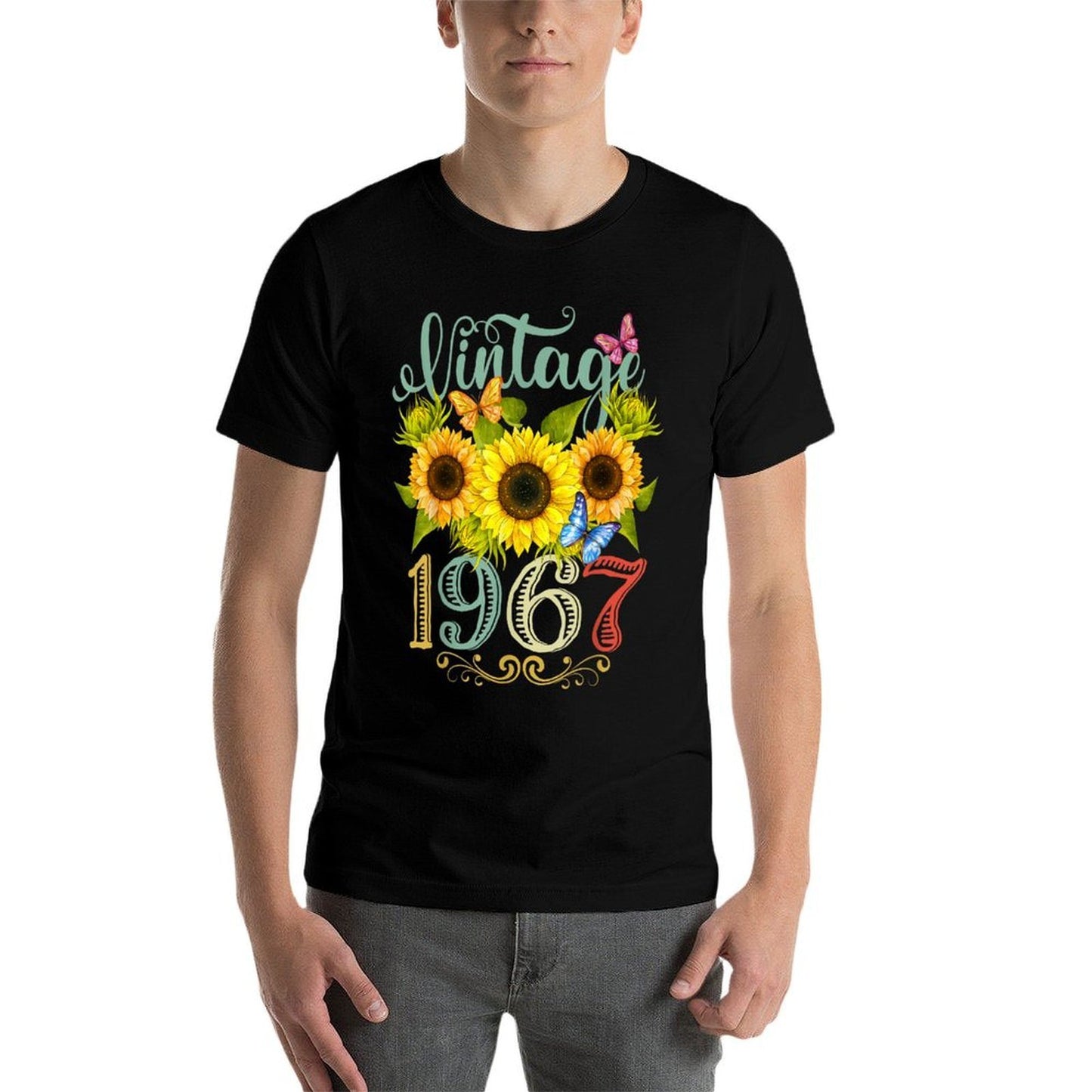 Sunflower Floral Butterfly Vintage 1967 Funny 58th Birthday Heathered Texture T-Shirt