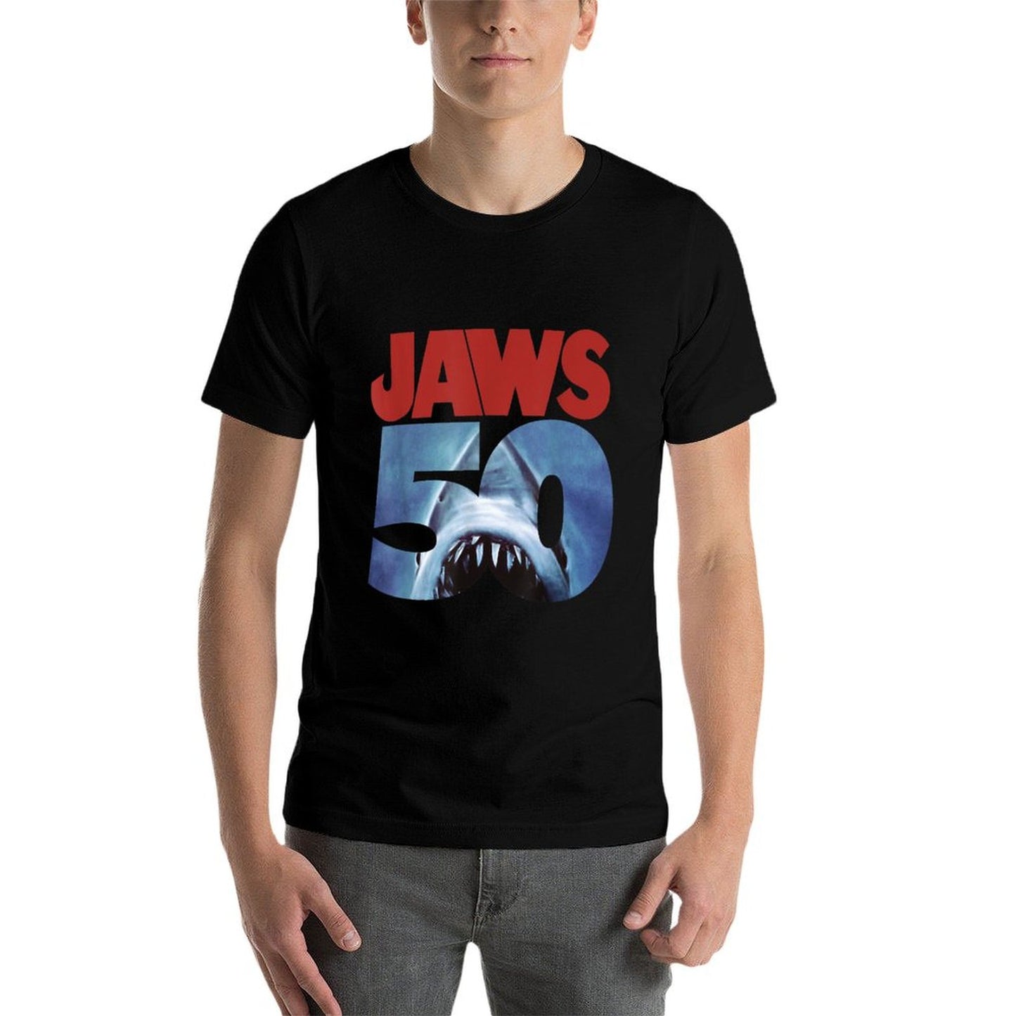 Jaws 50th Anniversary Logo Front & Back Fade-proof Color T-Shirt