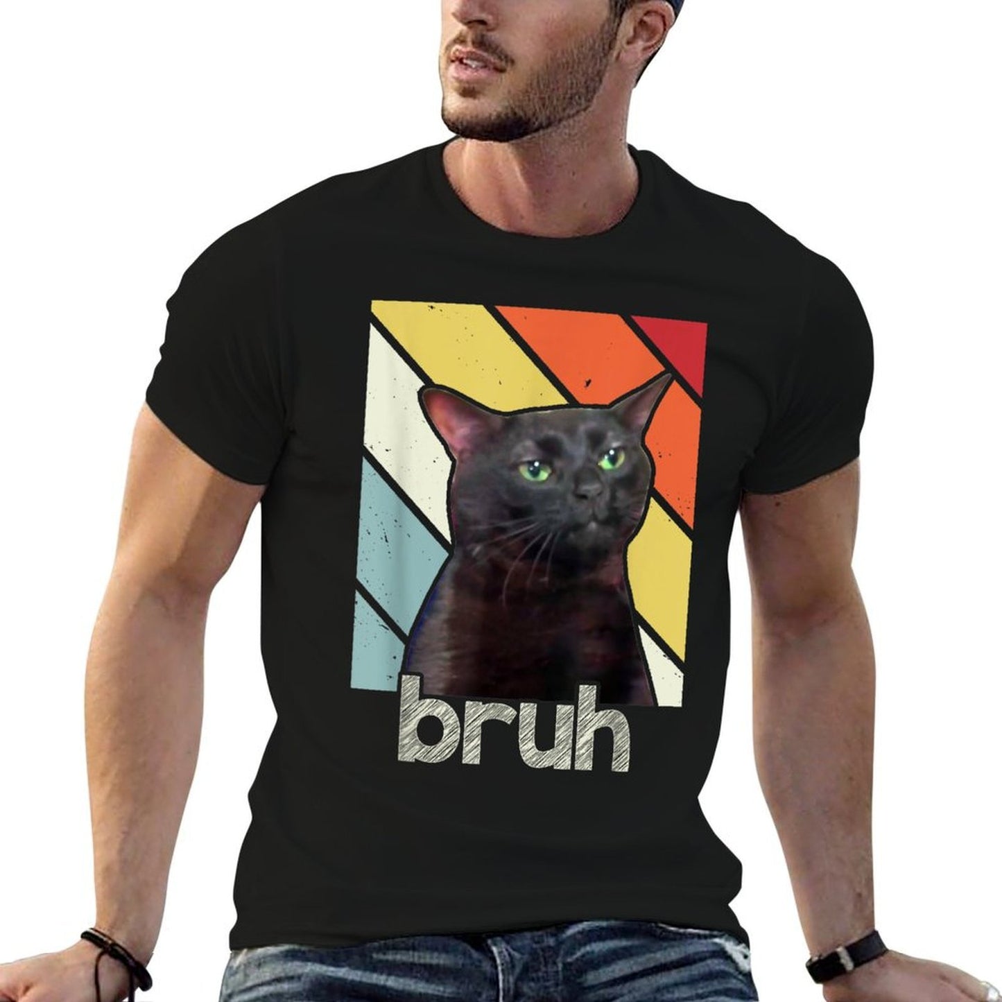 Funny Meme Saying Bruh with Cat Greetingsns Boys Men Breathable T-Shirt