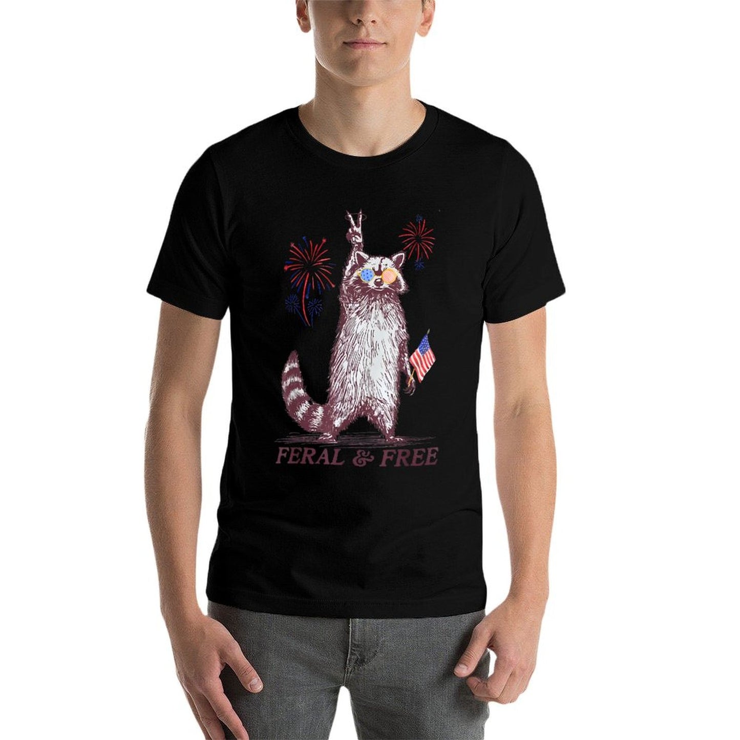 Feral & Free Funny Patriotic Racoon Feral And Free 4th July Eco-friendly Material T-Shirt