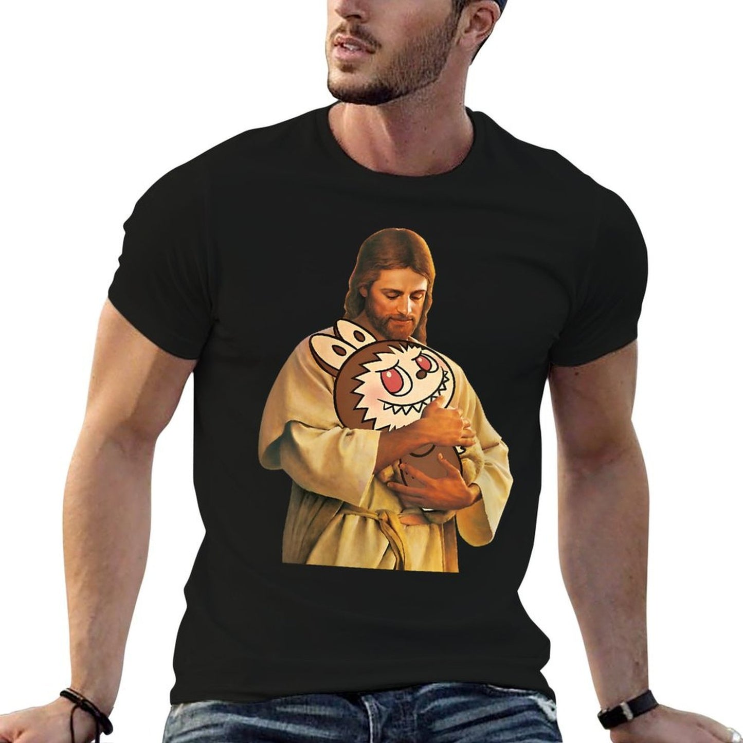 Womens Funny Meme Labubu Lover Cute Jesus Holding Labubu Joke Humor Tagless Design T-Shirt