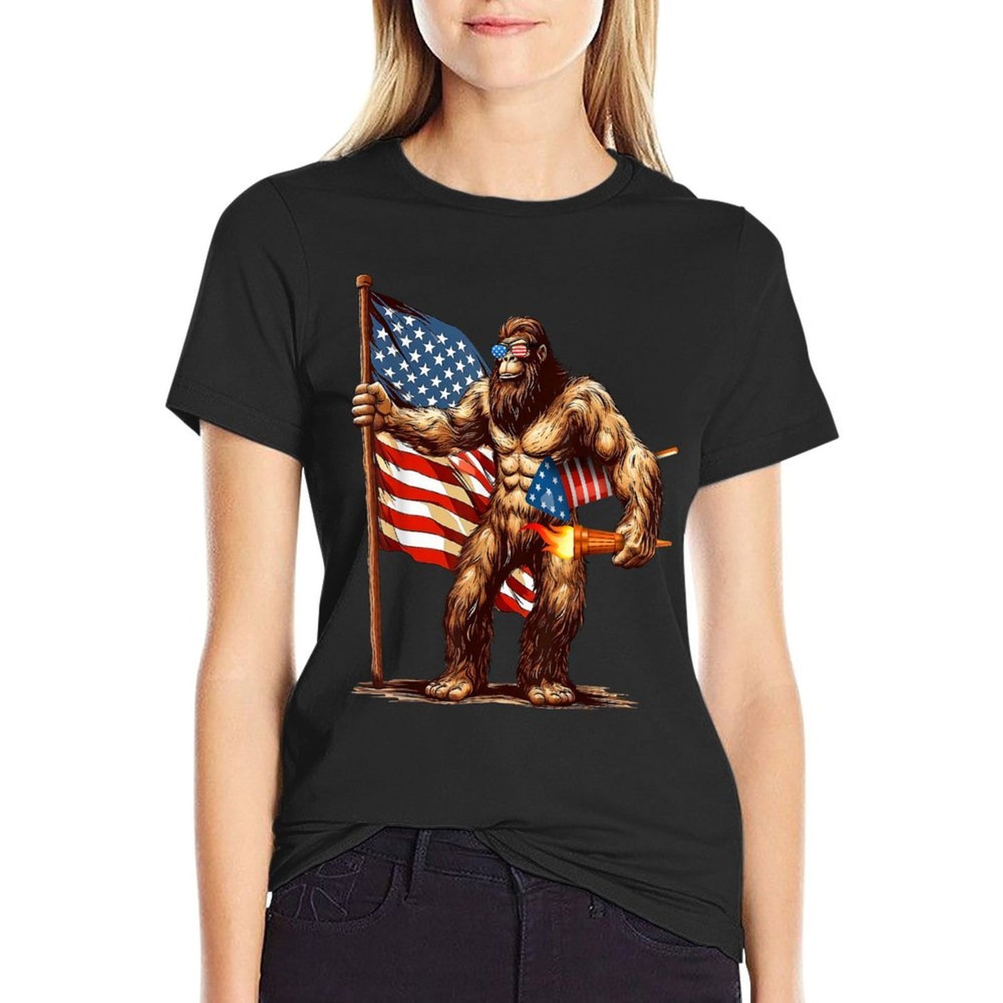 Bigfoot Fireworks 4th of July Men Sasquatch American US Ribbed Collar T-Shirt