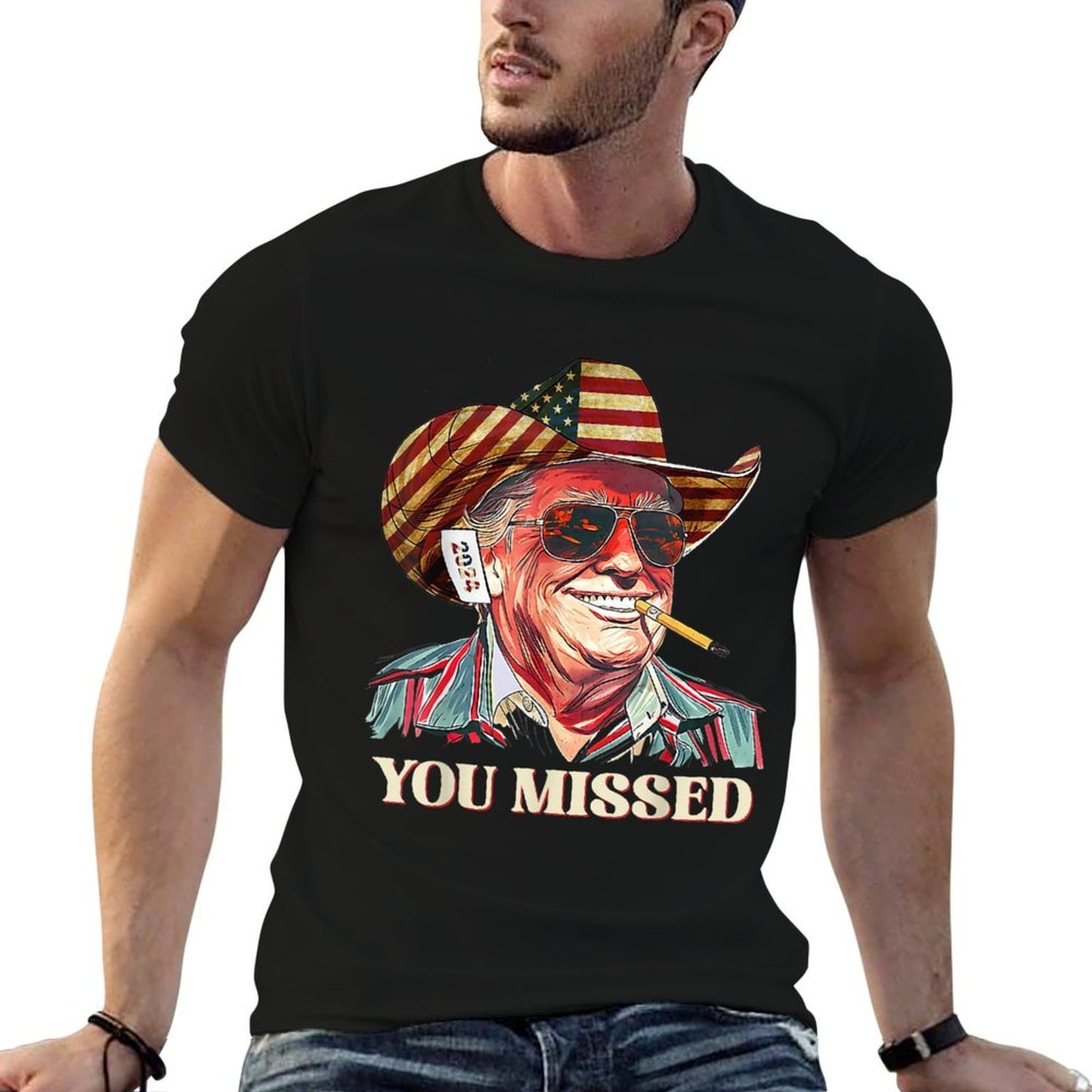 Western Trump Cowboy You Missed American Flag Cowboy Hat Polyester Blend T-Shirt