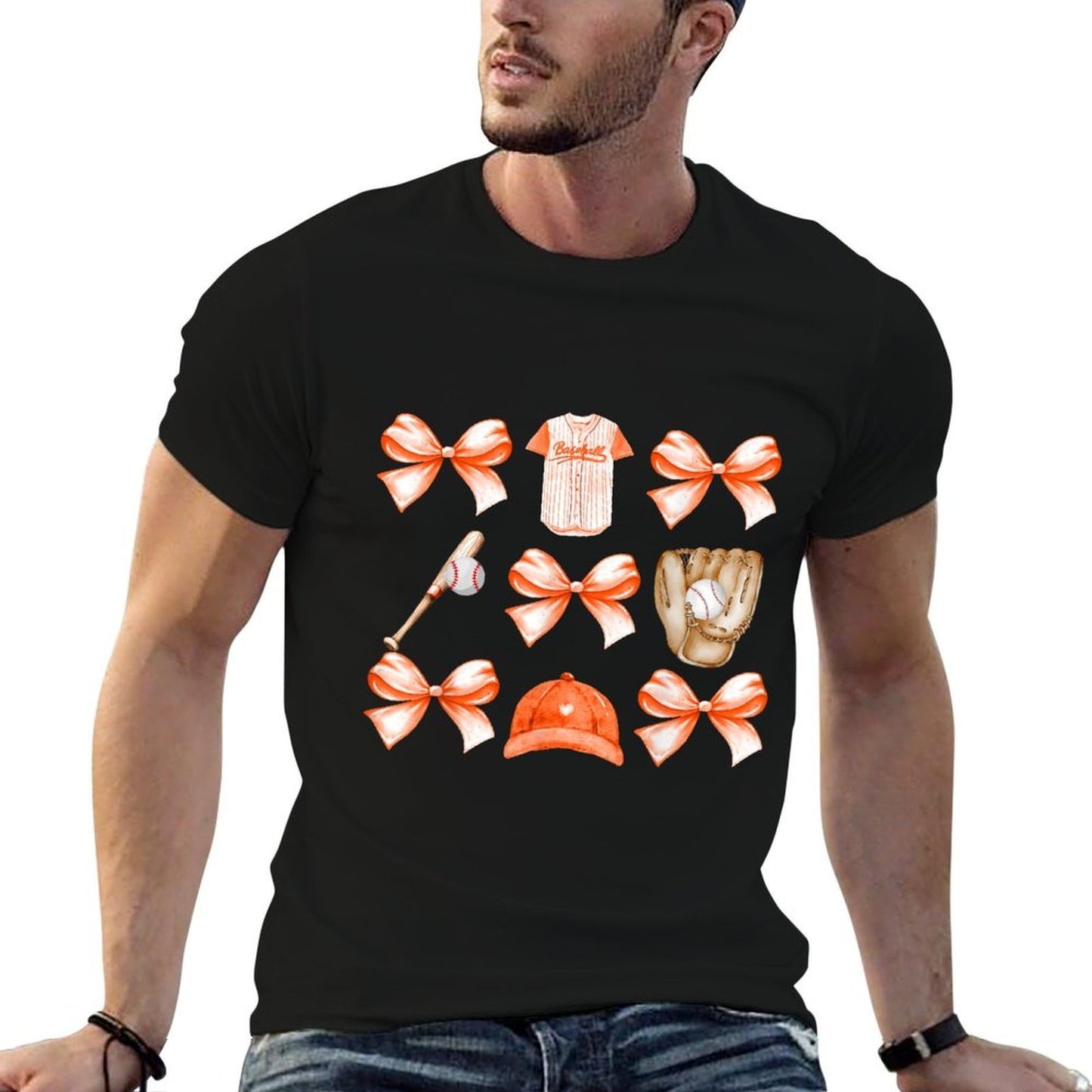 Baseball Game Day Orange Coquette Bow Baseball Mom Retro Rolled Sleeves T-Shirt