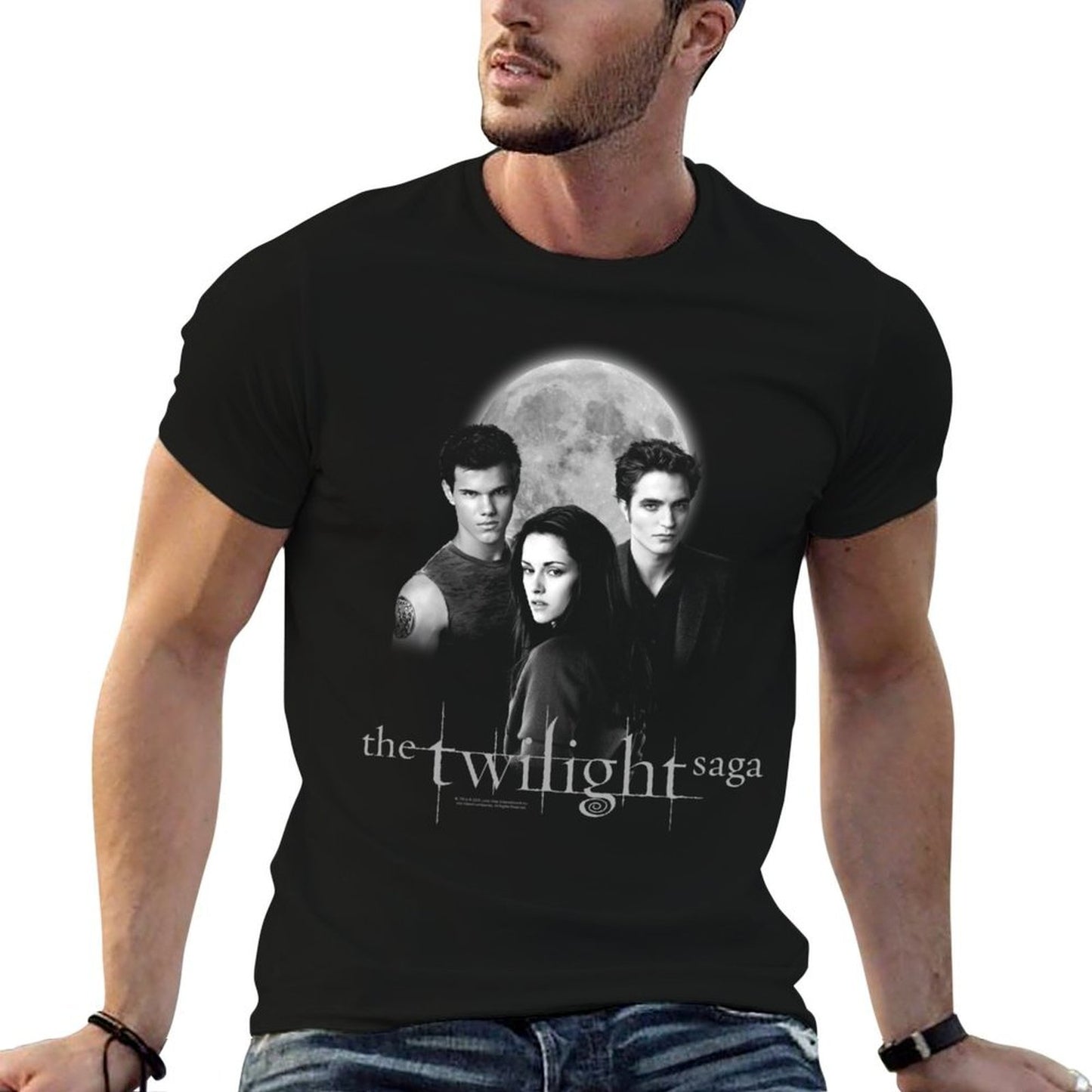 Twilight Saga Black & White Photo Jacob, Bella, Edward Movie High-quality Stitching T-Shirt