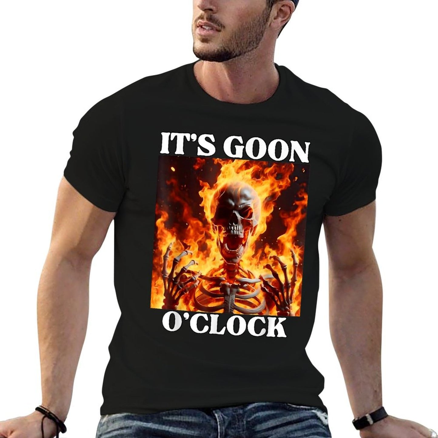 Gooning O'clock Funny Cringe Hard Skeleton Meme Flames Relaxed-fit T-Shirt