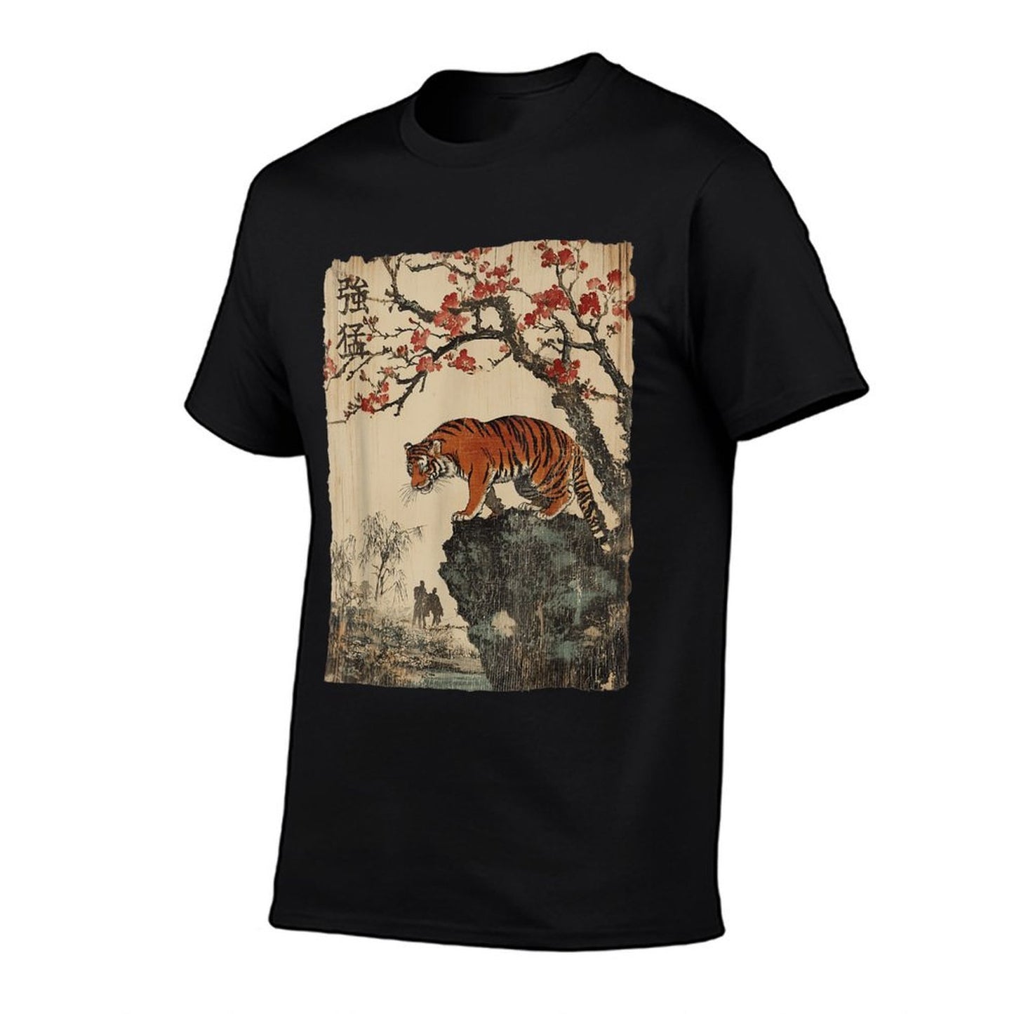 Vintage Japanese Tiger with Cherry Blossoms Tree Woodblock Polyester Blend T-Shirt
