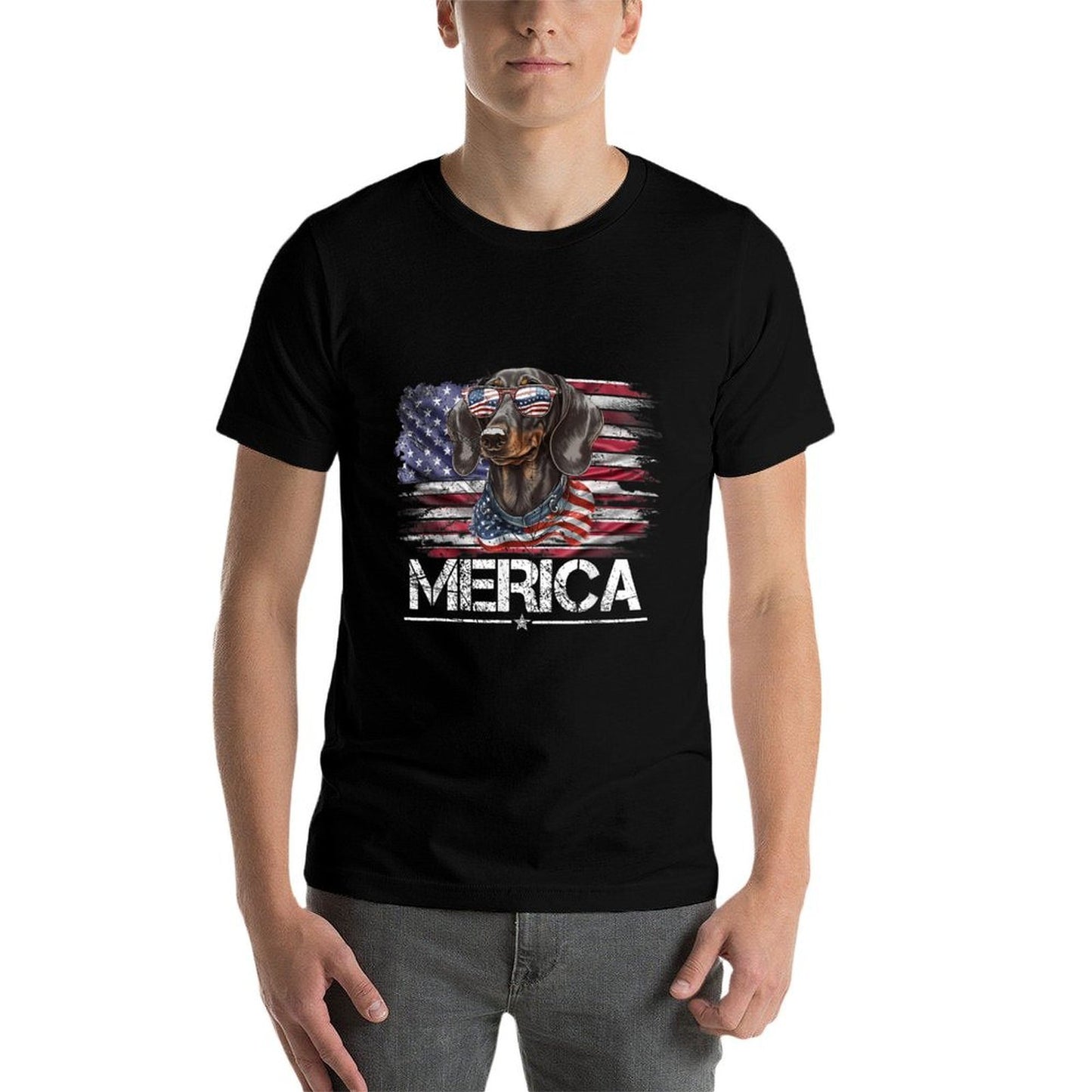 Vintage Dachshund Dog, Merica Weiner Dog USA Funny Ribbed Collar T-Shirt