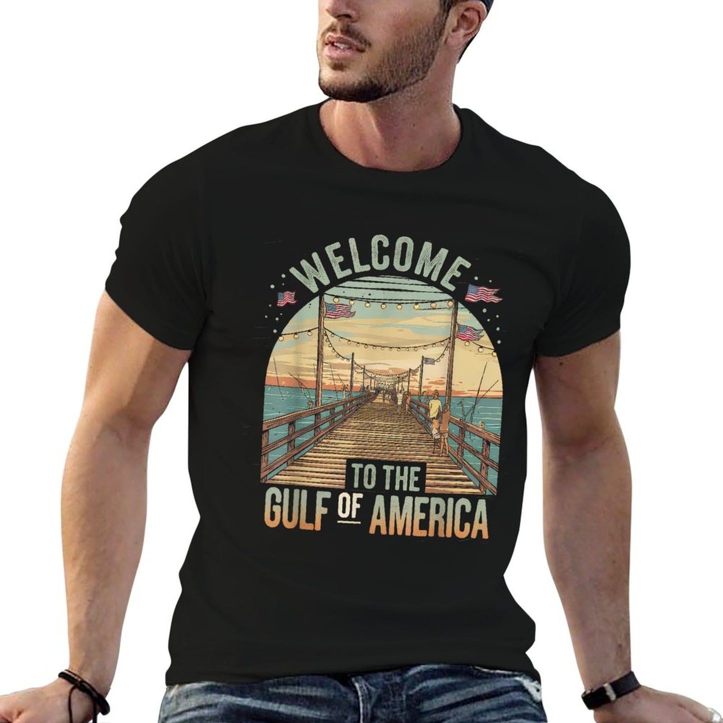 Gulf Of USA America Gift Men Women Flag Beach Oversized Silhouette T-Shirt