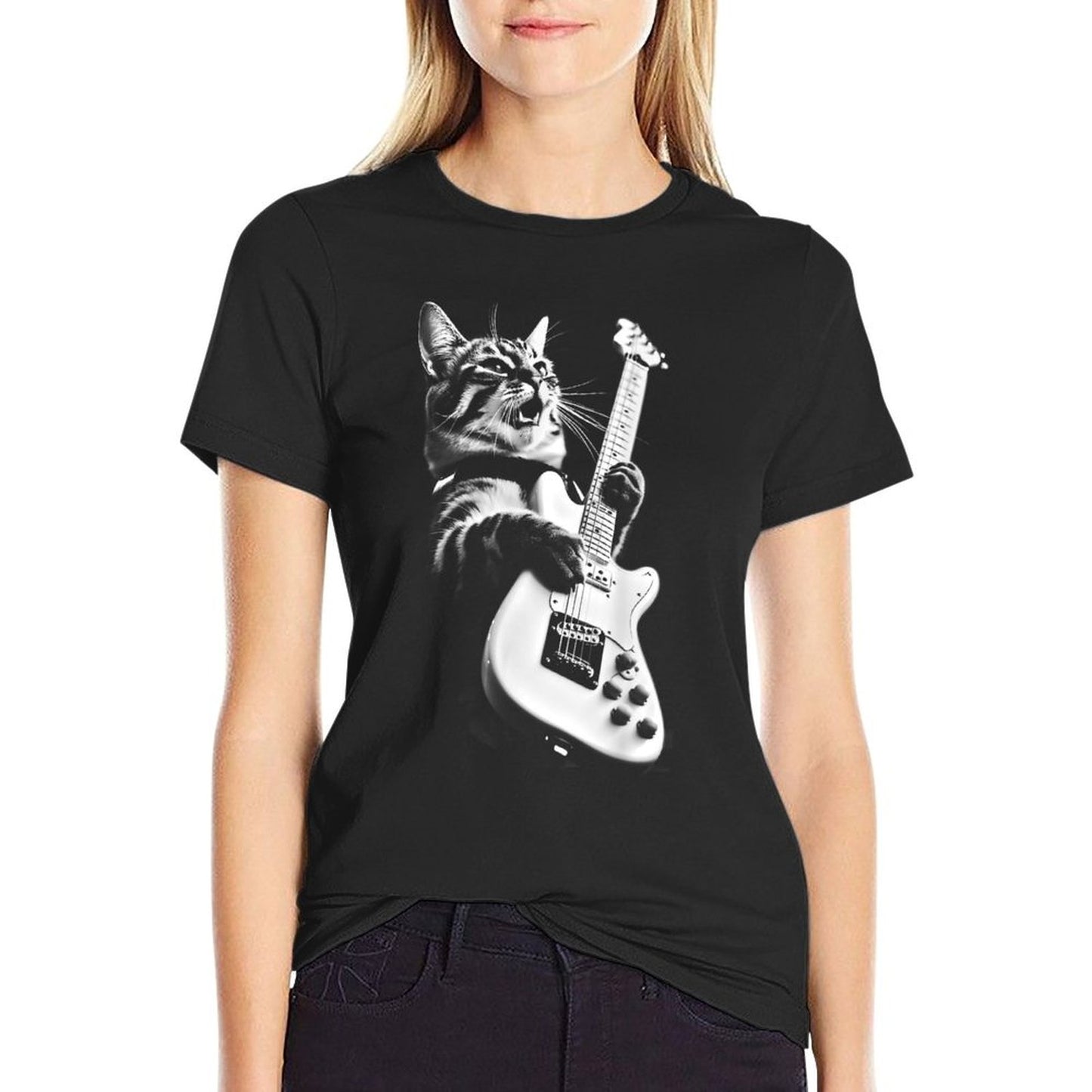Unknown Designer Rock Cat Playing Guitar - Funny Guitar Cat Relaxed-fit T-Shirt