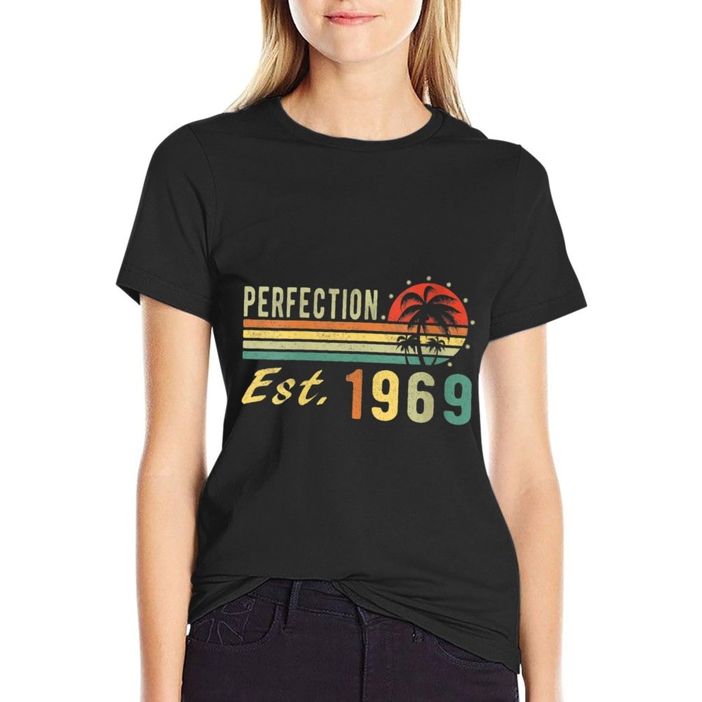 Womens Born In 1969, Perfection Est. 1969 Distressed Retro Birthday Graphic-printed T-Shirt
