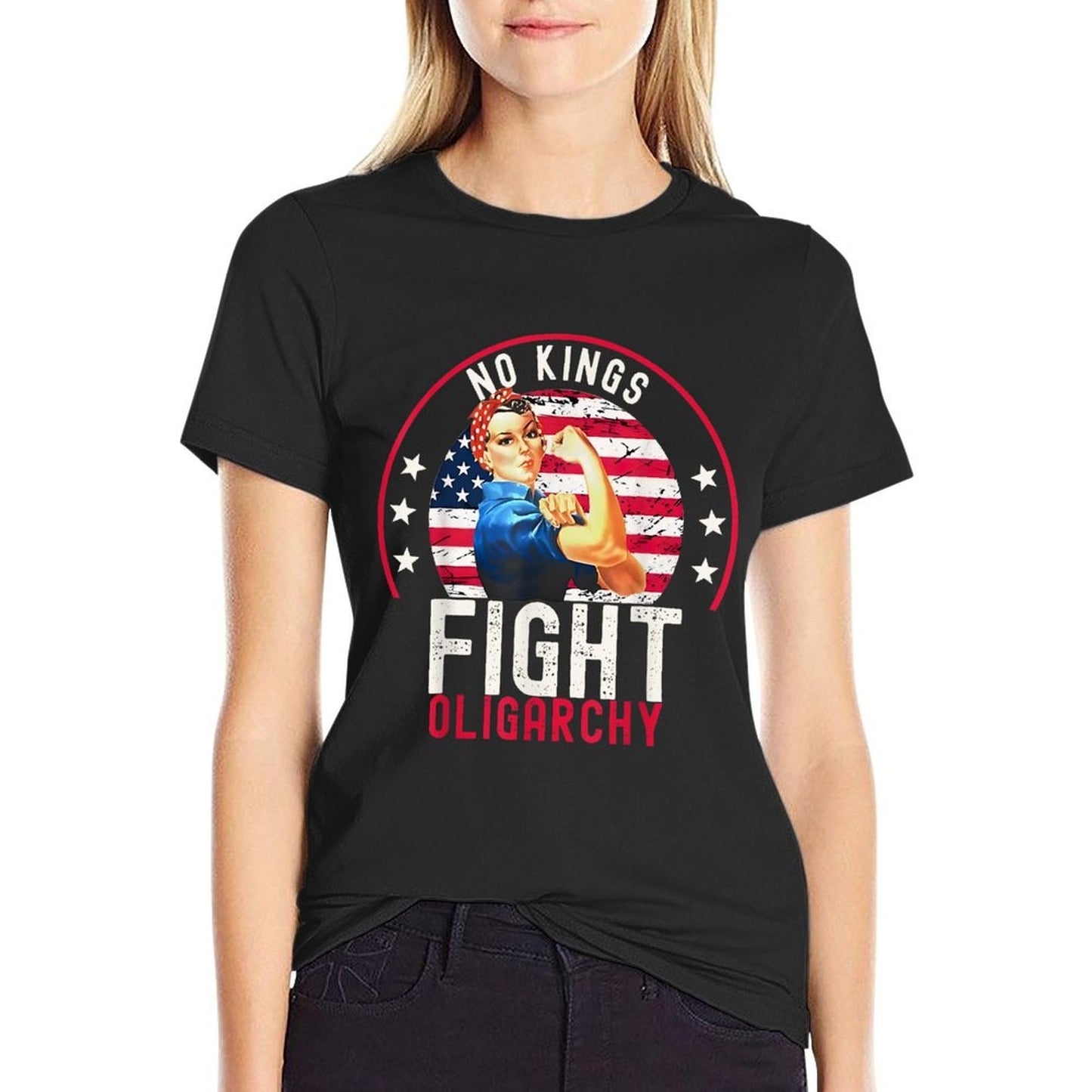 Vintage No Kings Fight Oligarchy Woman's Girl America Rolled Sleeves T-Shirt