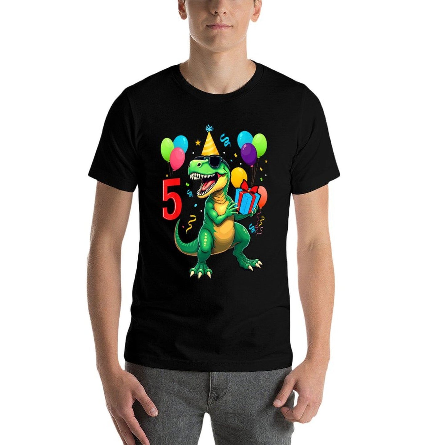 5th Birthday Boy Dinosaur Happy Bday T-rex Party Kids Ribbed Collar T-Shirt