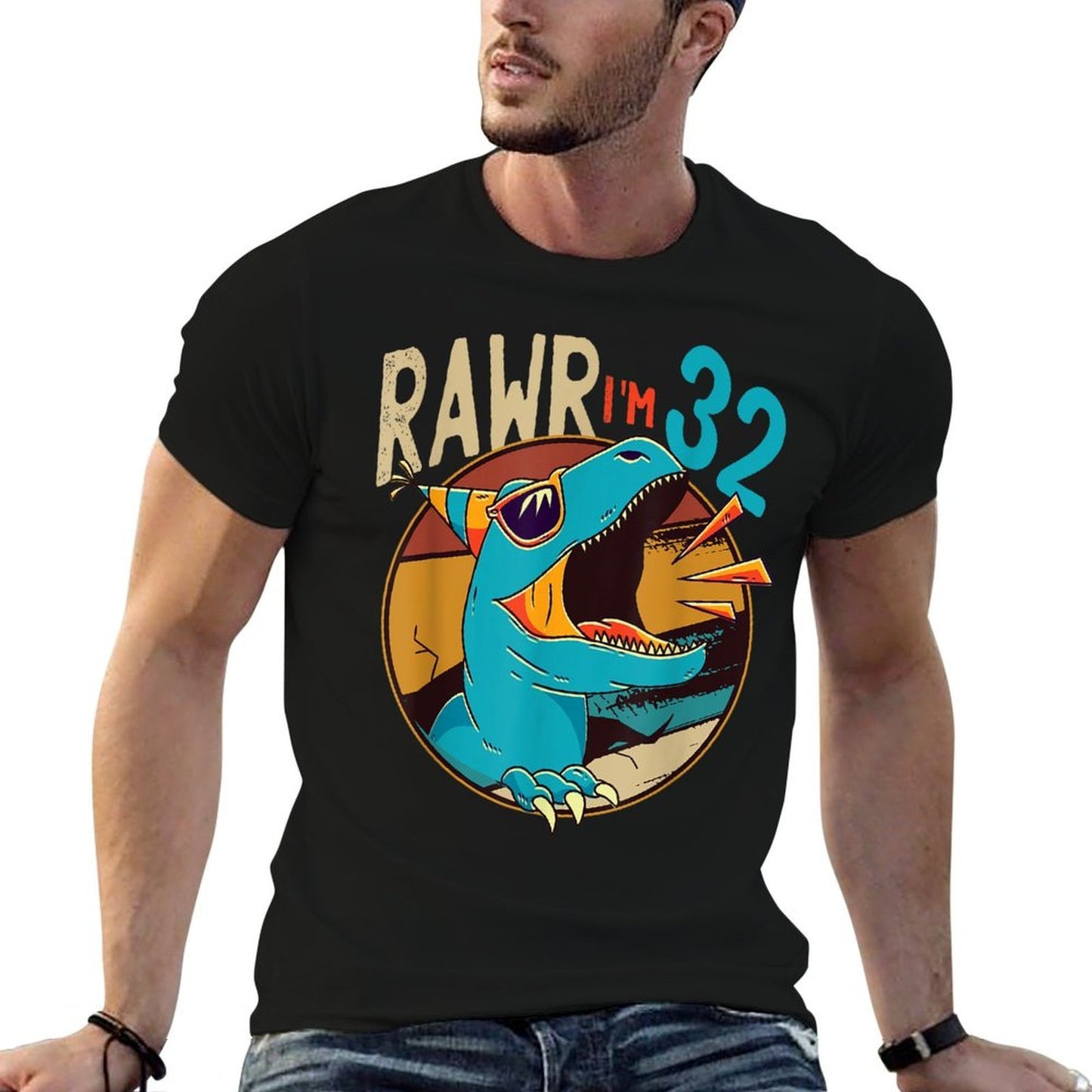32nd Birthday Dinosaur 32 Years Old Dinosaur Birthday Summer-ready Fabric T-Shirt