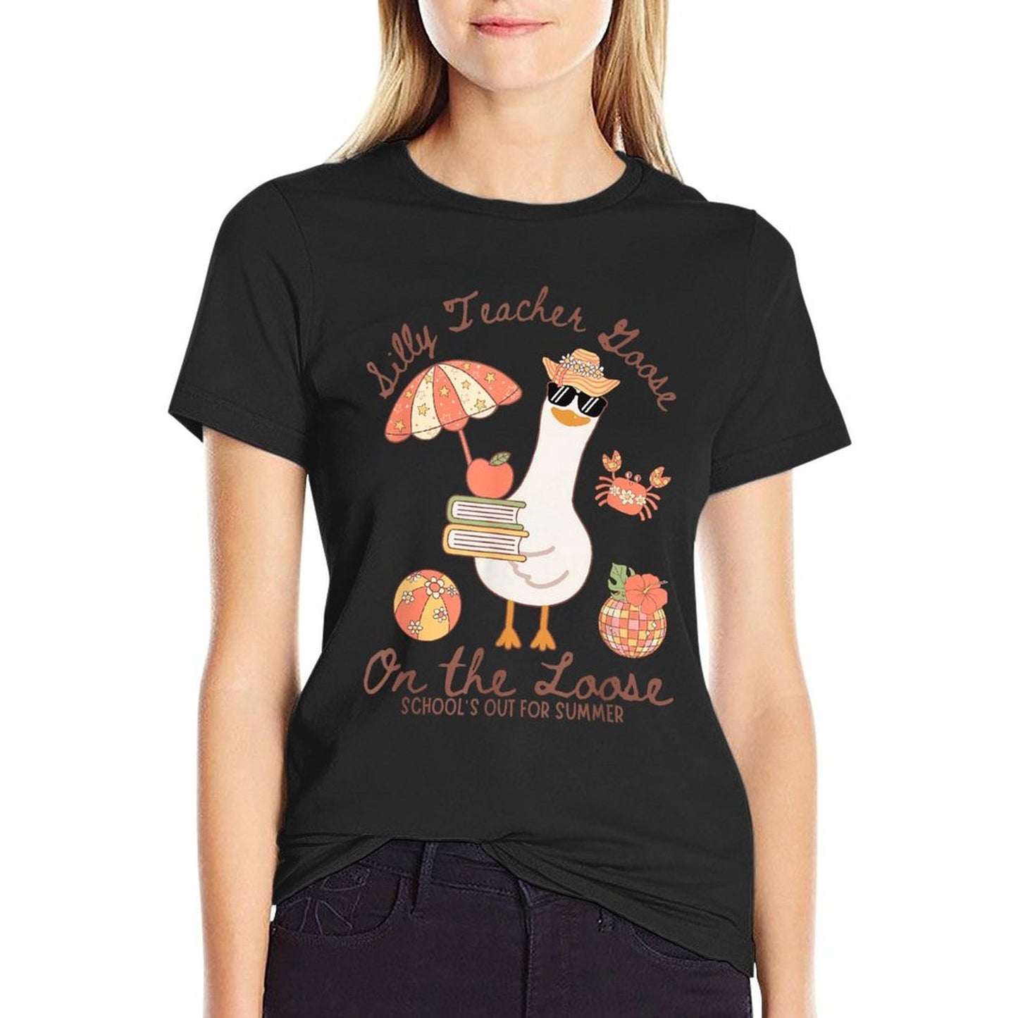 Cute Funny Silly Teacher Goose On The Loose Summer Vacations Cotton T-Shirt