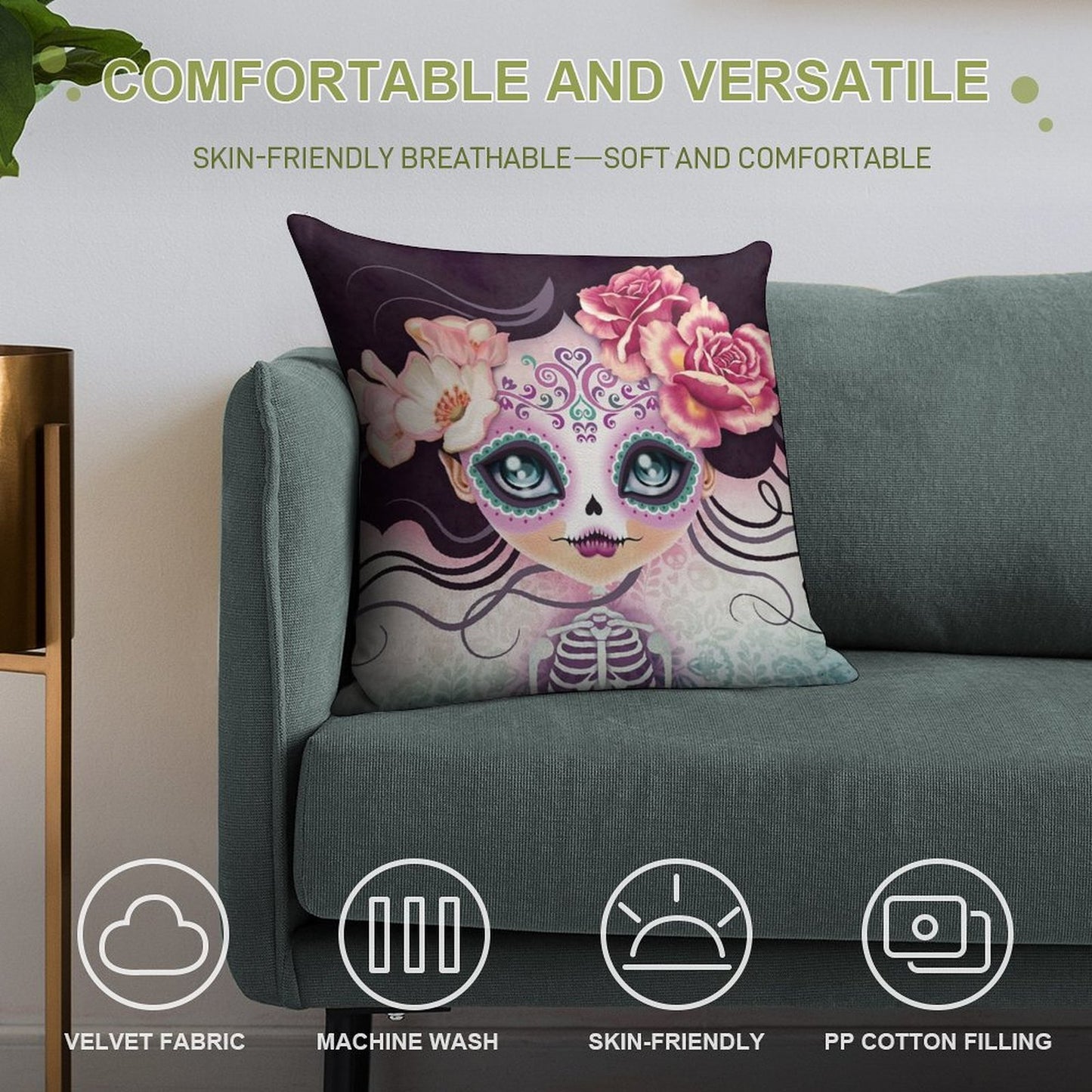 Camila Huesitos - Sugar Skull Soft Durable Construction Throw Pillow