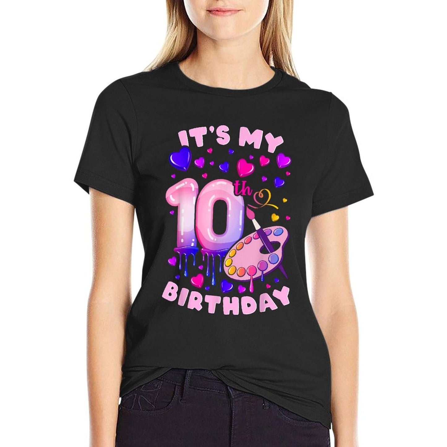 10th Birthday, Girl 10 Years, Painting Art, Number 10 Heathered Texture T-Shirt