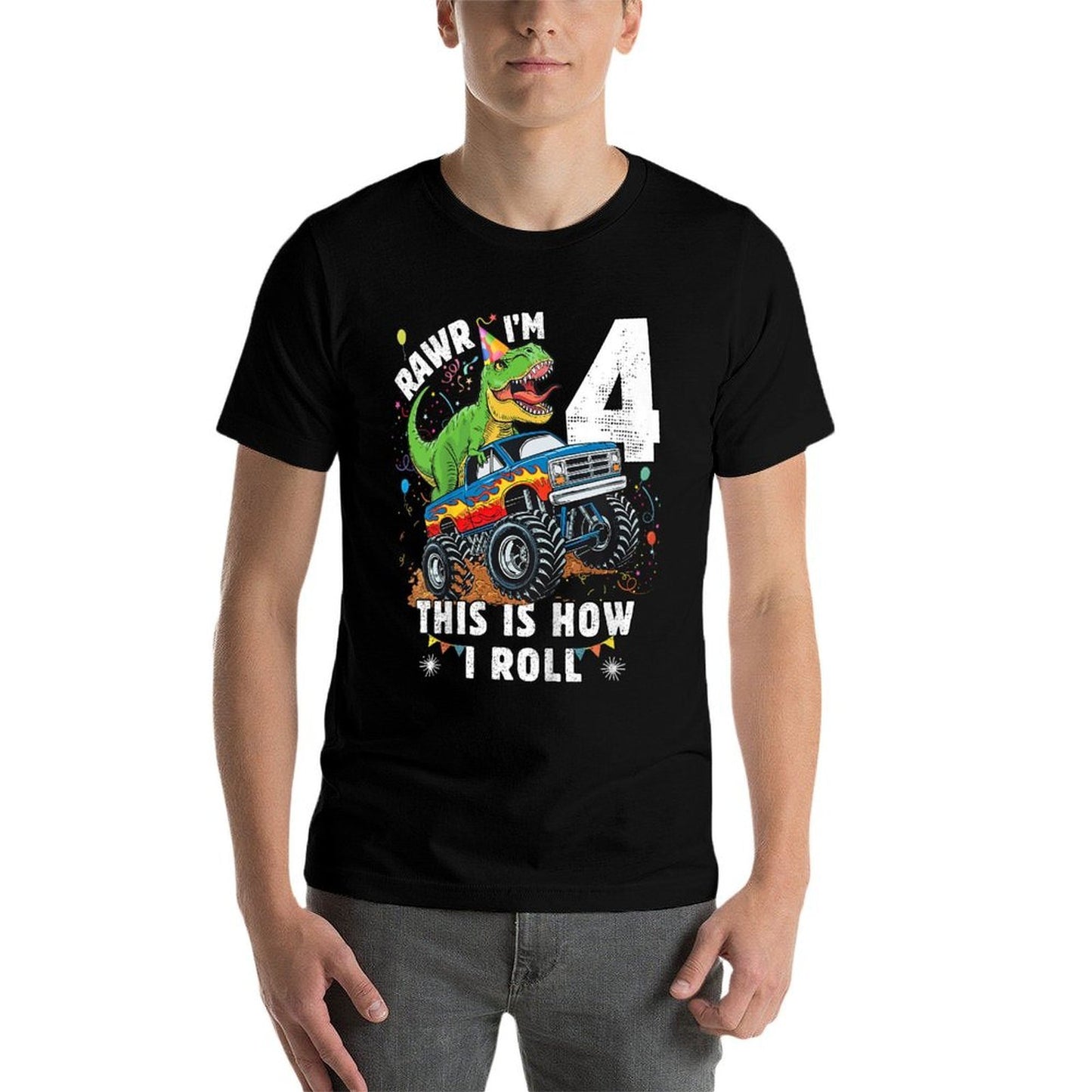 Kids Dinosaur Monster Truck 4th Birthday Boy T Rex 4 Year Old Wrinkle-resistant T-Shirt