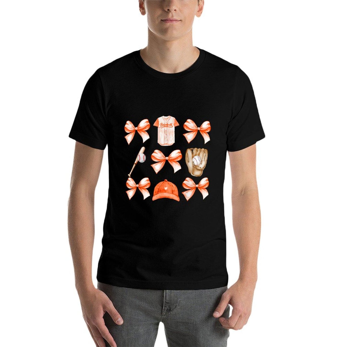 Baseball Game Day Orange Coquette Bow Baseball Mom Retro Rolled Sleeves T-Shirt