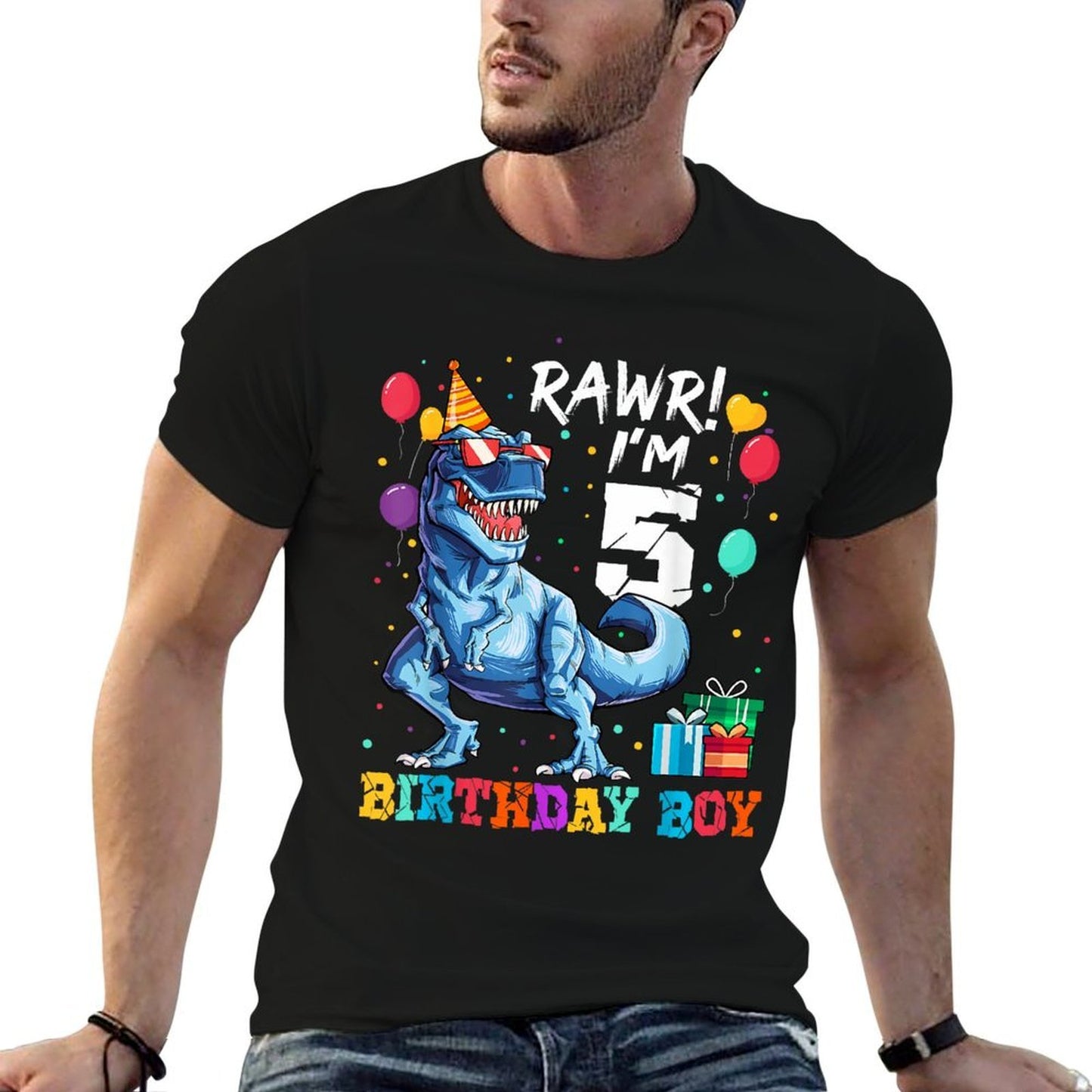 Funny Kids 5 Years Old Happy 5th Birthday Boy T Rex Dinosaur Stretchy T-Shirt