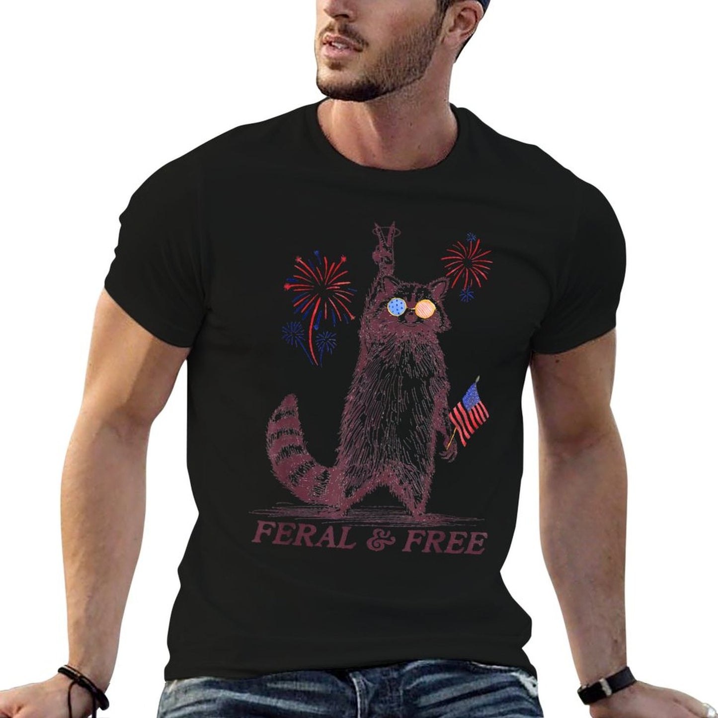 Feral & Free Funny Patriotic Racoon Feral And Free 4th July Trendy Pattern T-Shirt