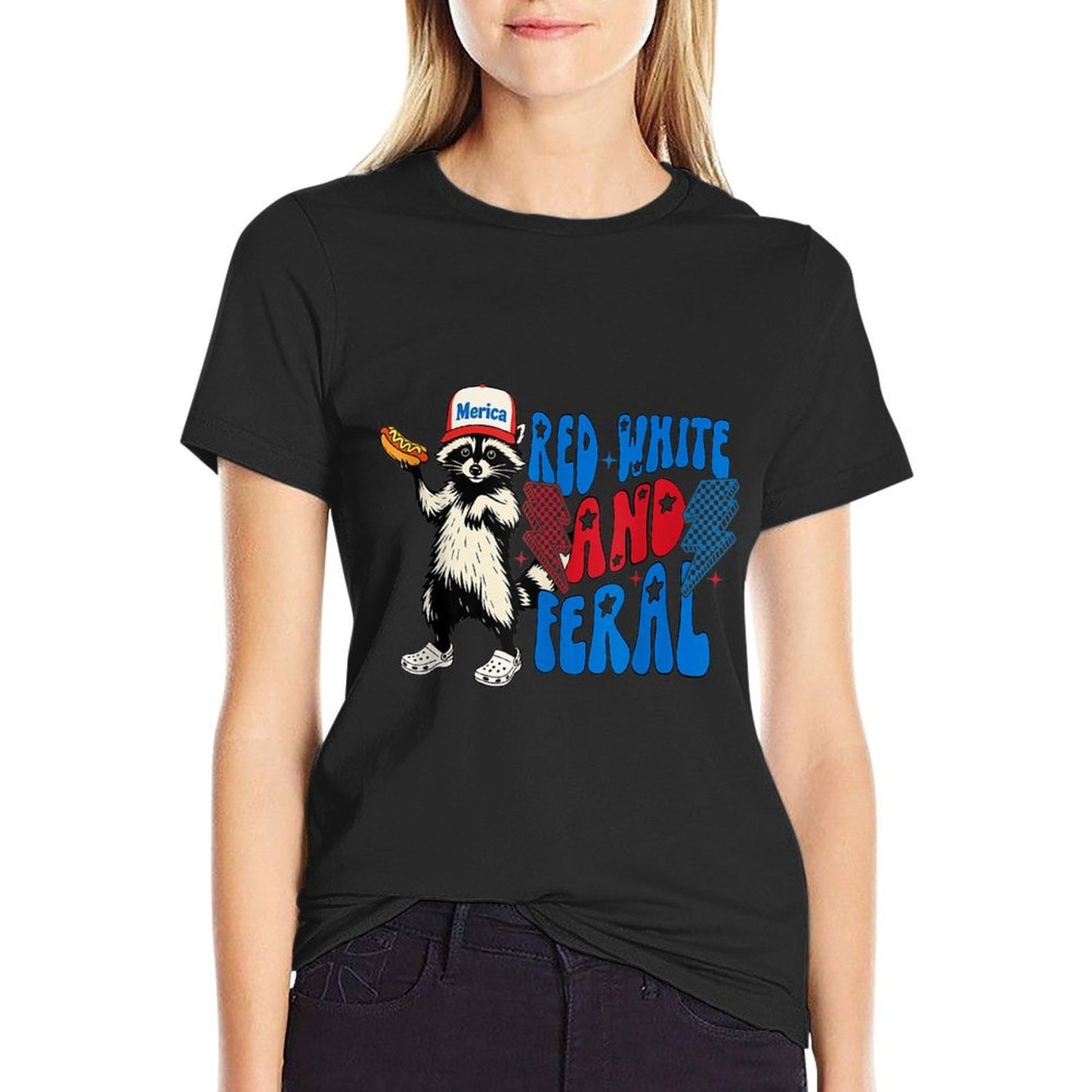 Funny Raccoon 4th Of July Patriotic Cute Red White And Feral Stretchy T-Shirt