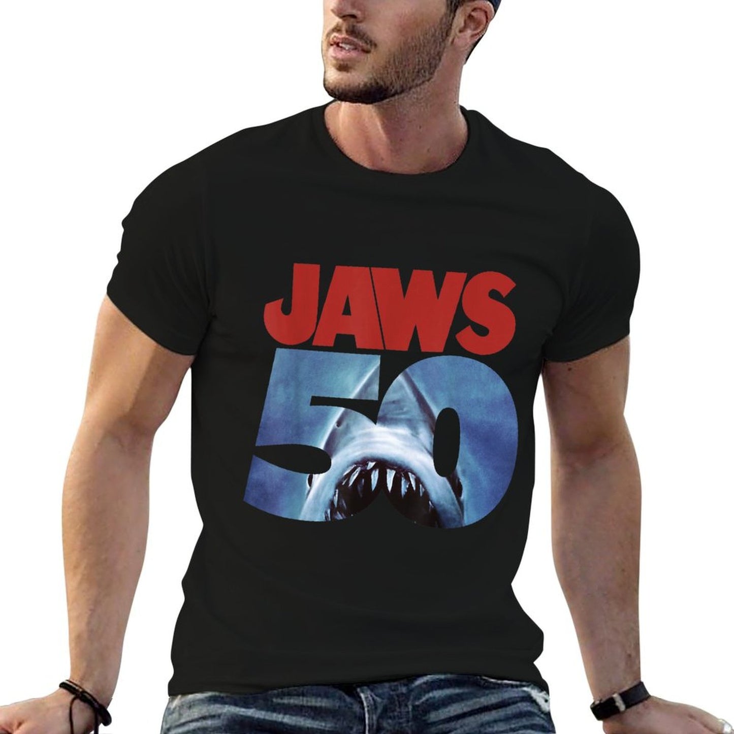 Jaws 50th Anniversary Logo Front & Back Fade-proof Color T-Shirt