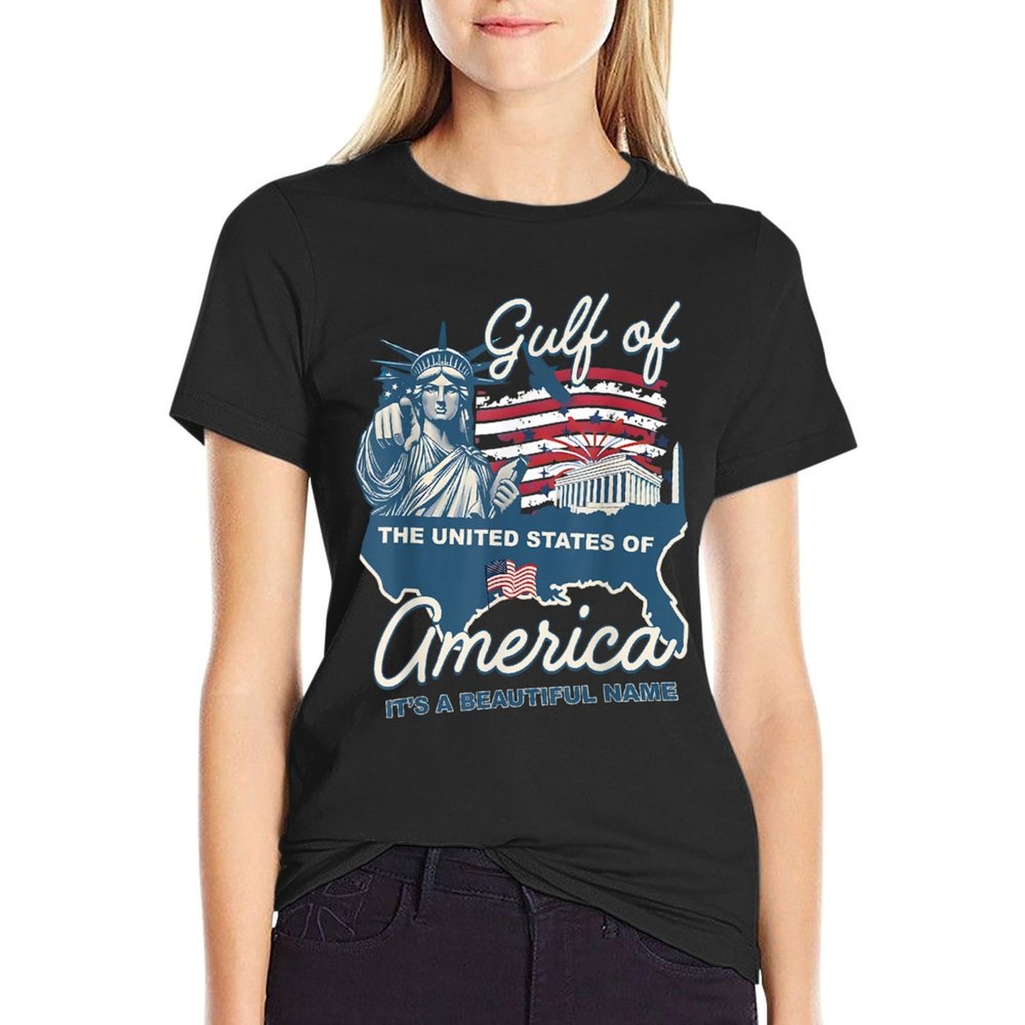 Gulf of USA America Flag Pride Patriotic Gulf of US America Ribbed Collar T-Shirt