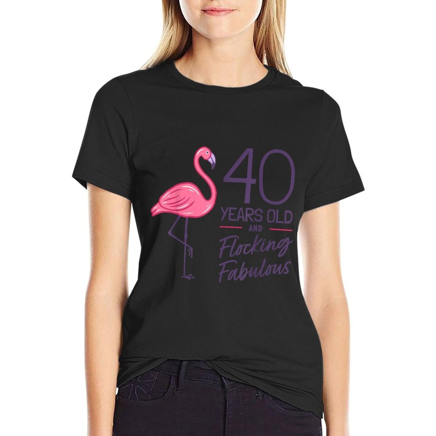 Flamingo Milestone 40 Years Flamingo 40th Birthday Ribbed Collar T-Shirt