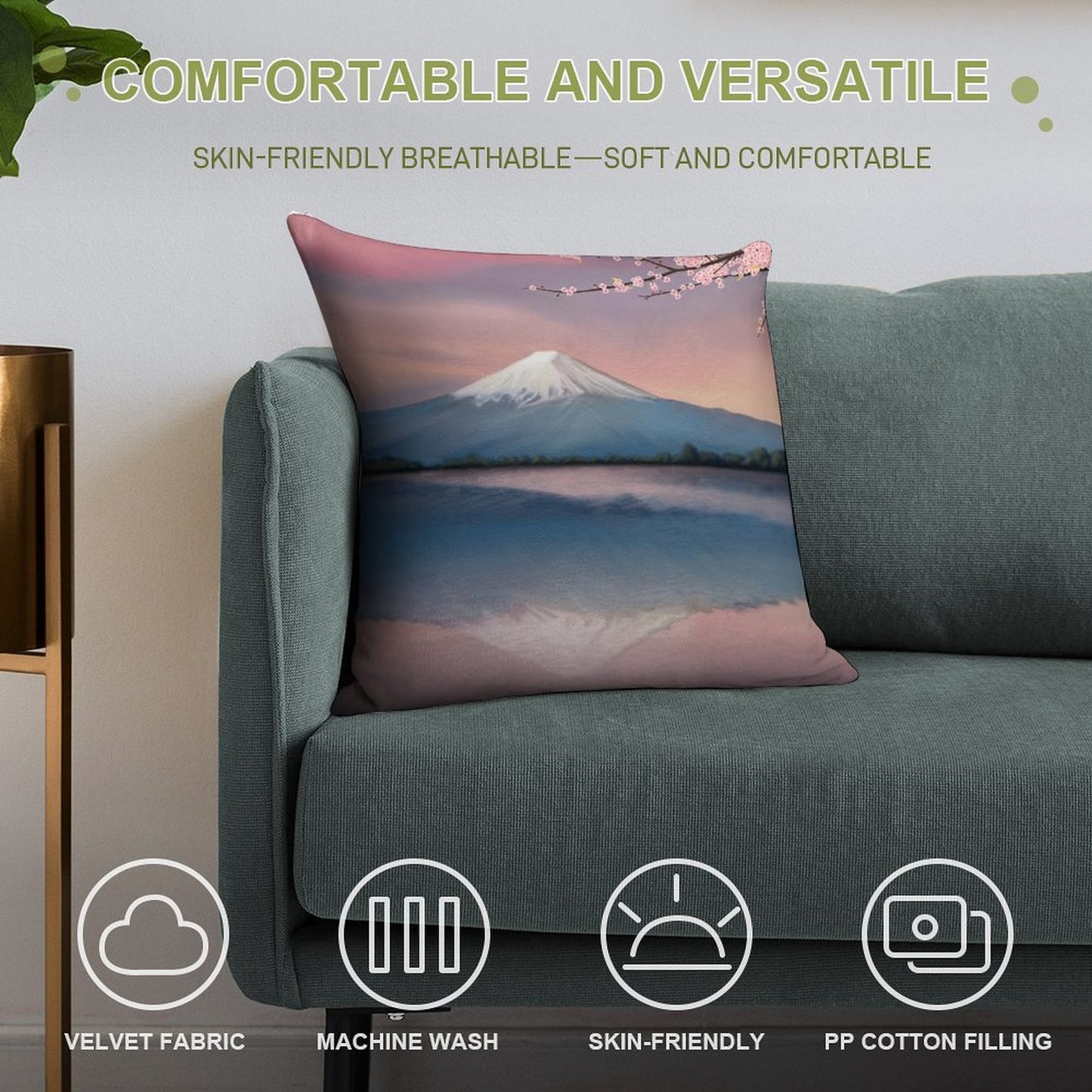 Mt Fuji with Cherry Blossoms Soft Durable Construction Throw Pillow