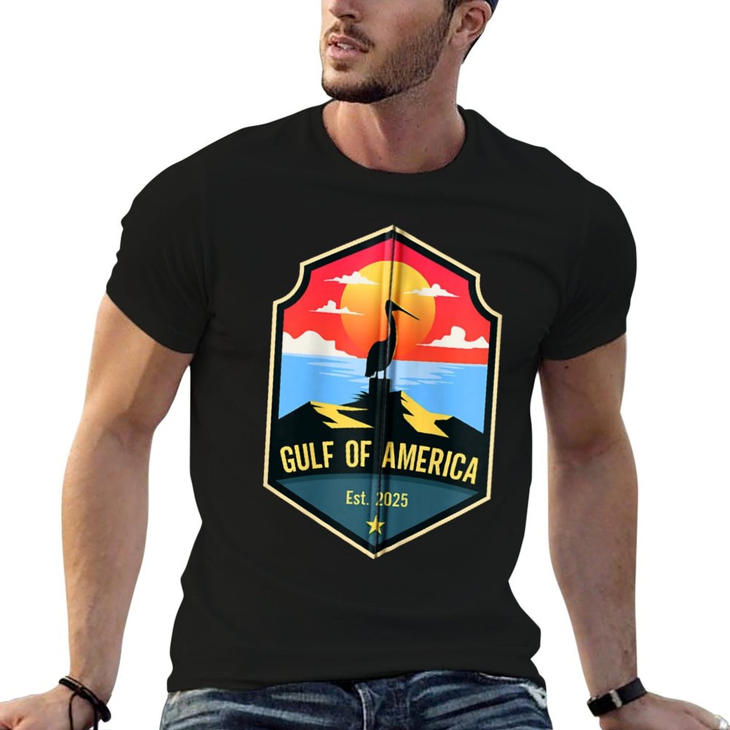 Retro Gulf Of USA America Est 2025 American Flag Gulf Mexico Zip Heathered Texture T-Shirt