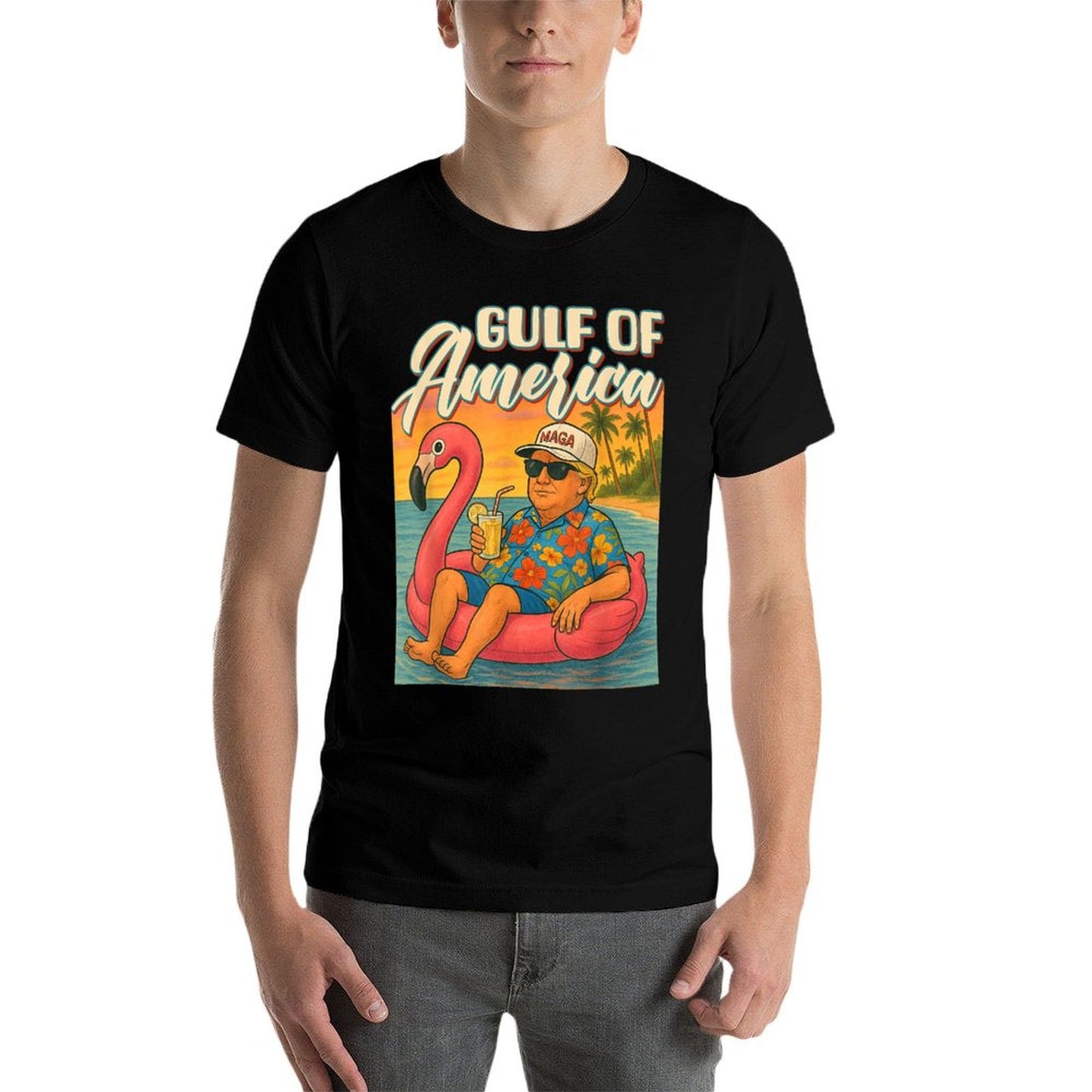 Funny Trump Flamingo Float Gulf Of US America Beach Lover Relaxed-fit T-Shirt