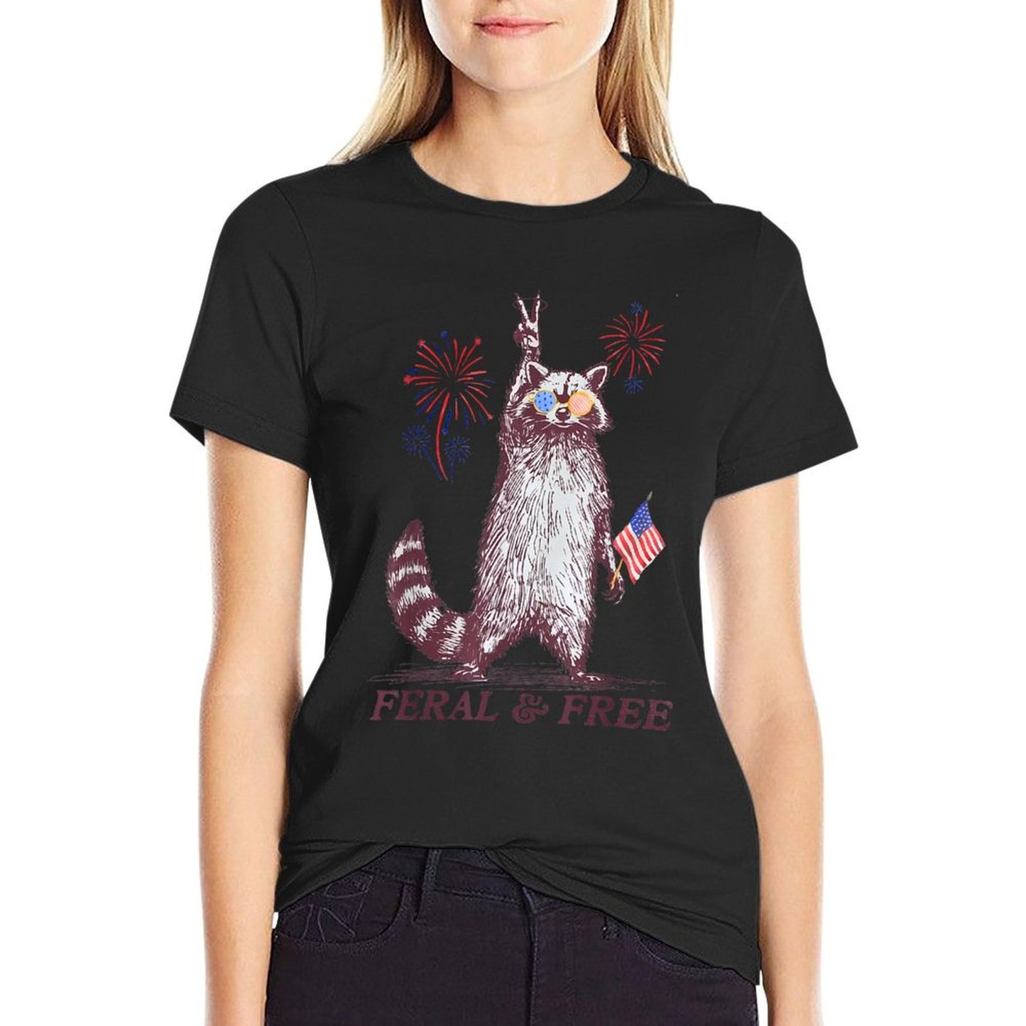 Feral & Free Funny Patriotic Racoon Feral And Free 4th July Eco-friendly Material T-Shirt