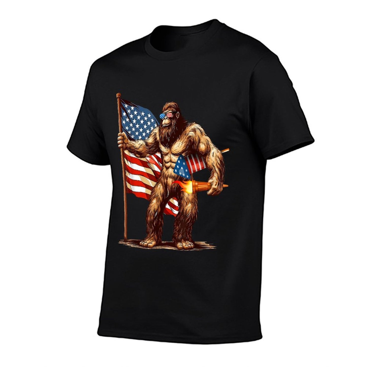 Bigfoot Fireworks 4th of July Men Sasquatch American US Ribbed Collar T-Shirt
