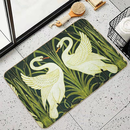 TWO WHITE SWANS AMONG REEDS IN GREEN Art Nouveau Animals  Dirt-Trapping Bath Mat