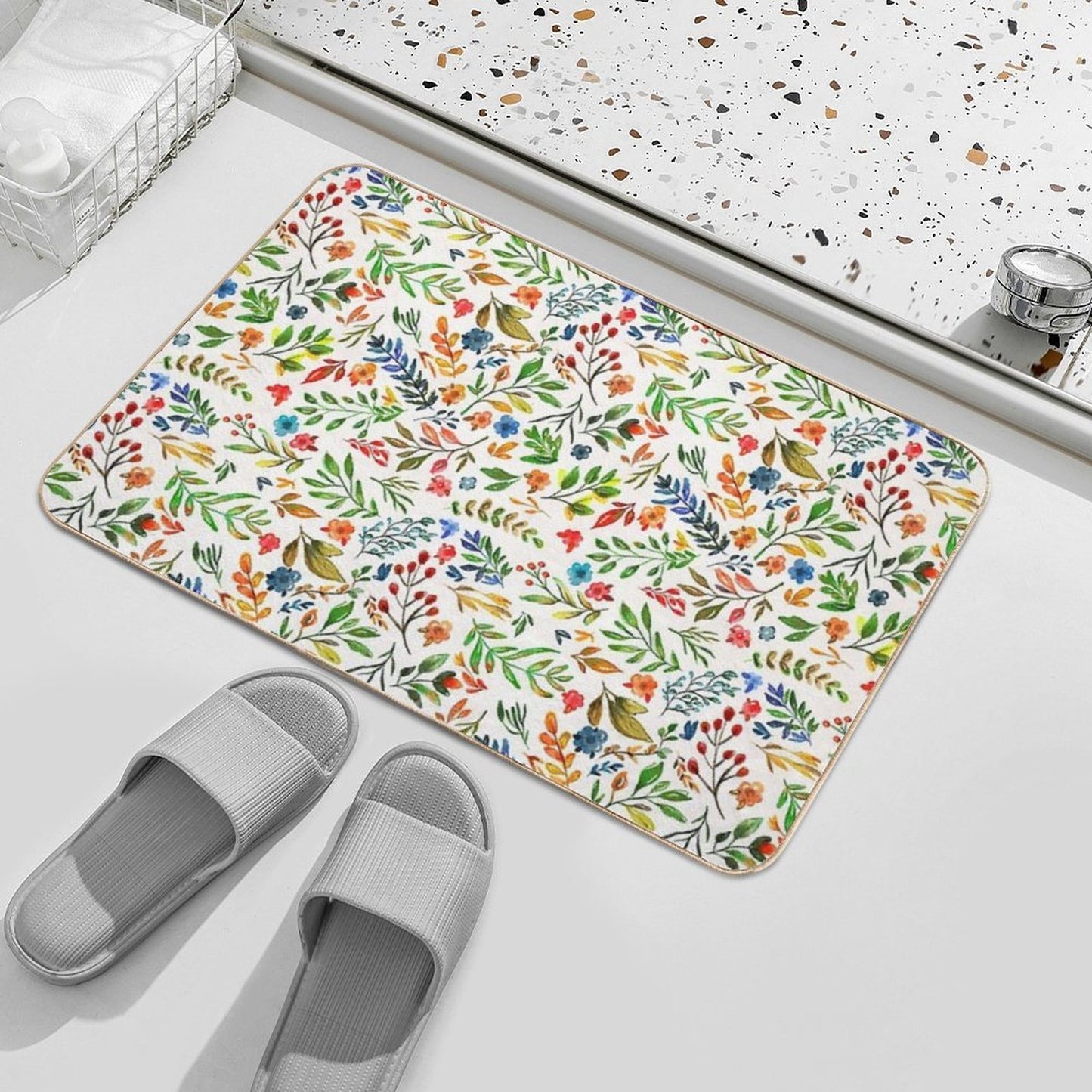 Watercolor Hand Drawn Flowers And Foliage  Odorless Bath Mat