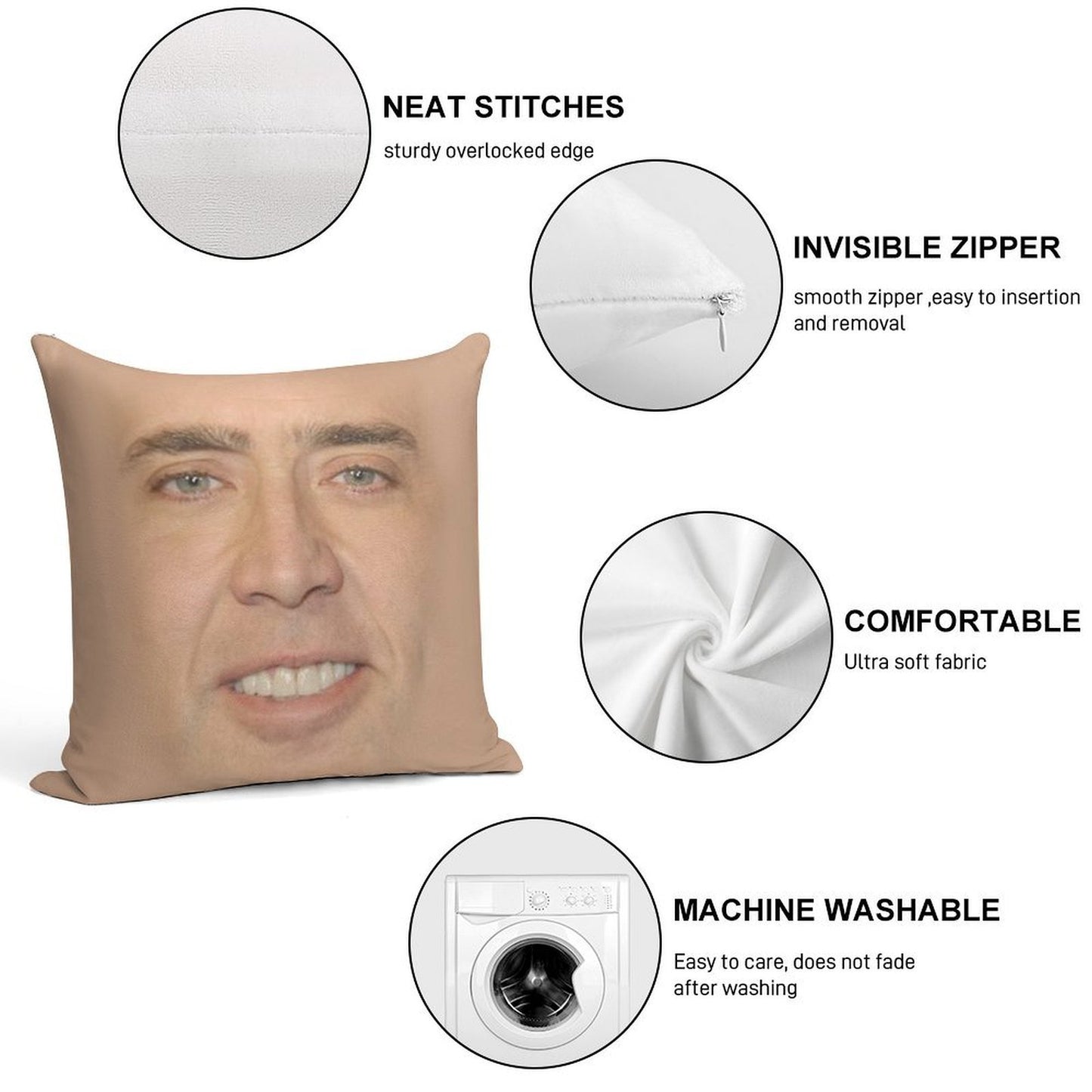 Nicholas Cage Face Pattern Soft Short Plush Fabric Throw Pillow