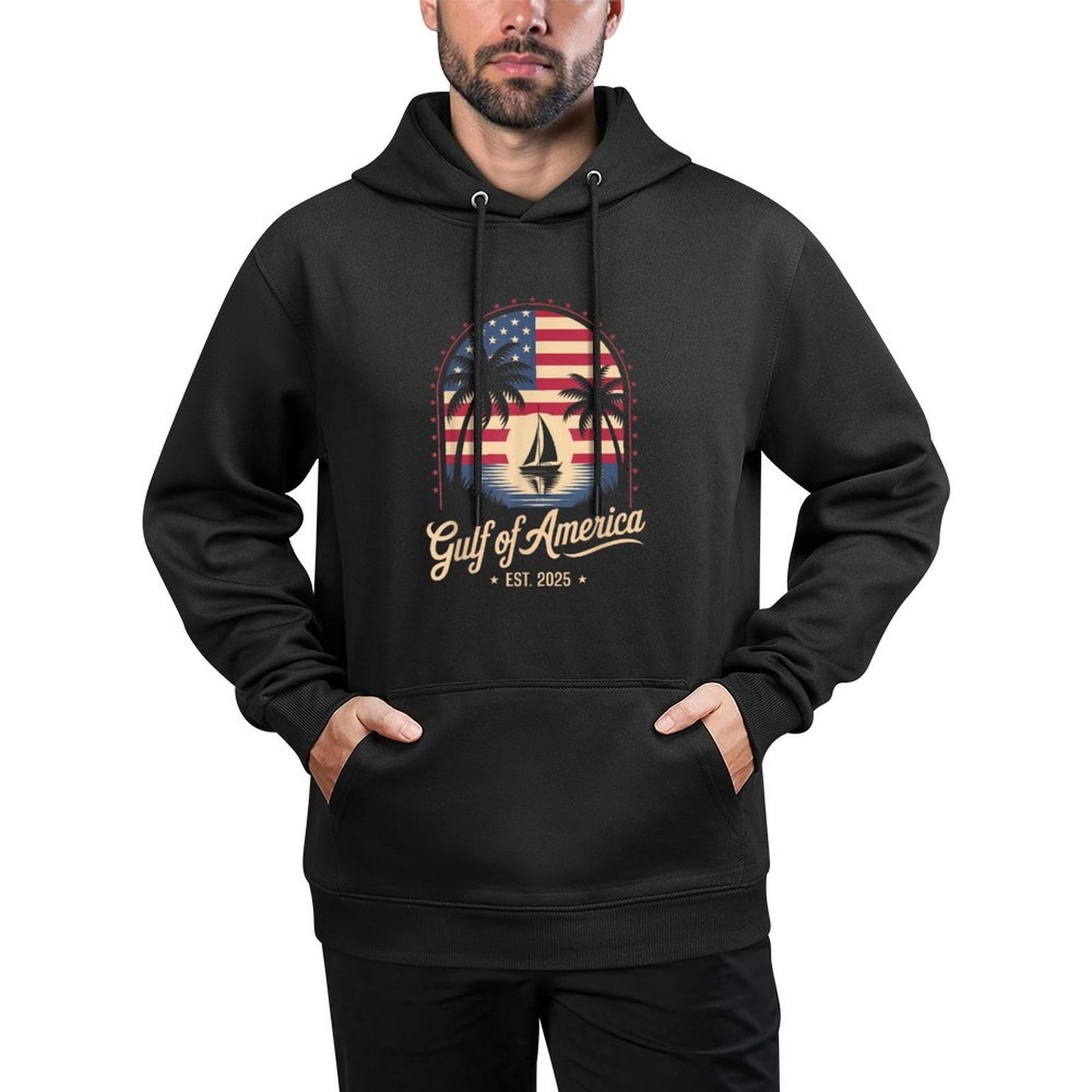 Retro Gulf Of USA America Est 2025 Gulf Mexico American Flag Shrink-Resistant Hoodie
