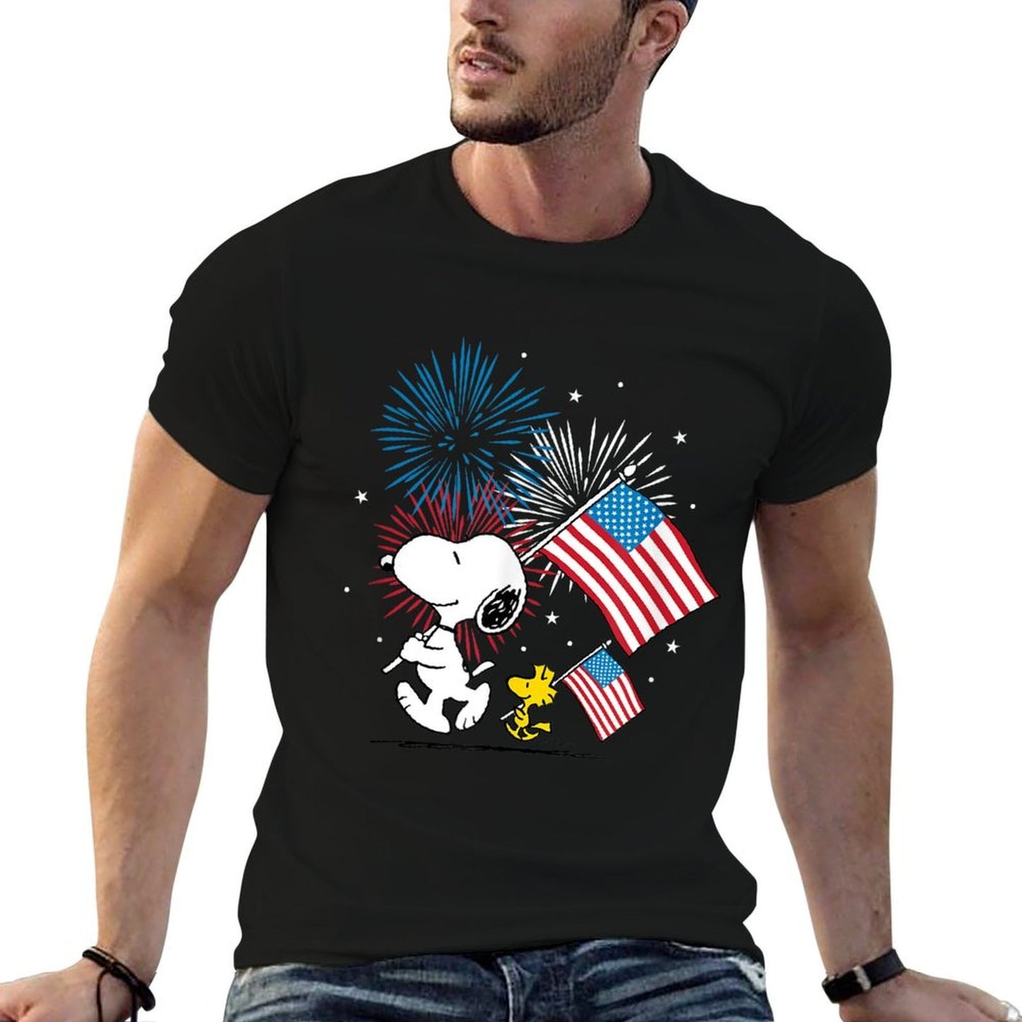 Peanuts - Snoopy & Woodstock Americans & Fireworks  Durable T-Shirt